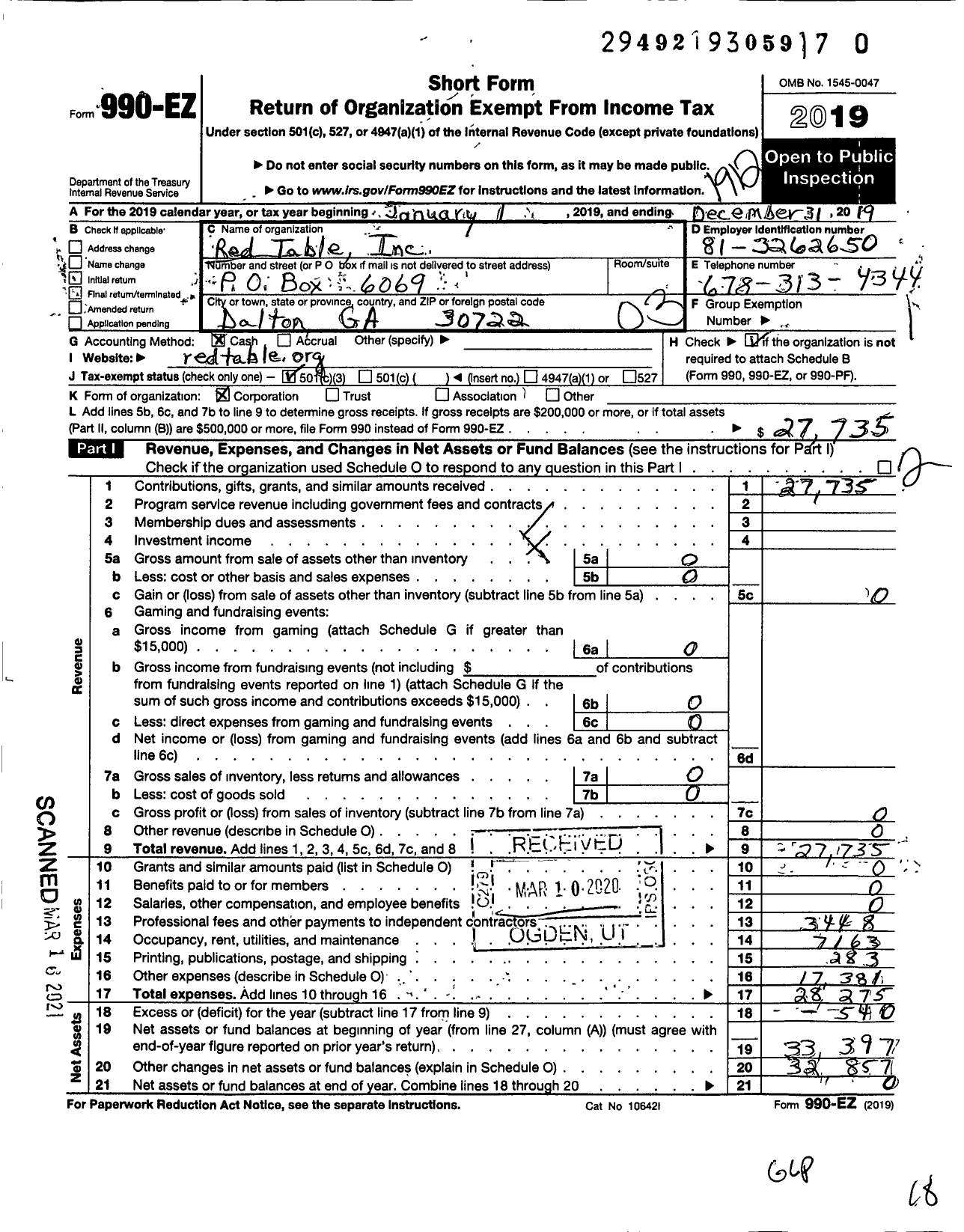 Image of first page of 2019 Form 990EZ for Red Table