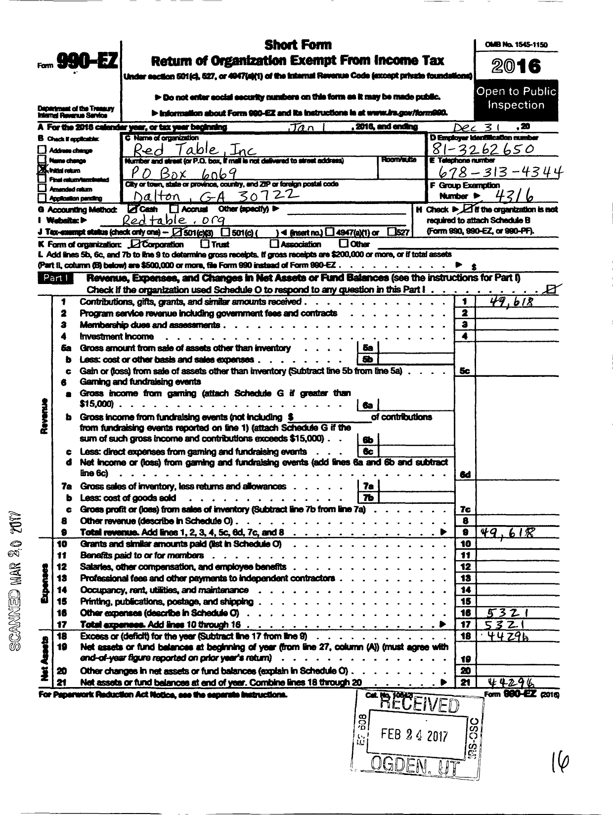 Image of first page of 2016 Form 990EZ for Red Table