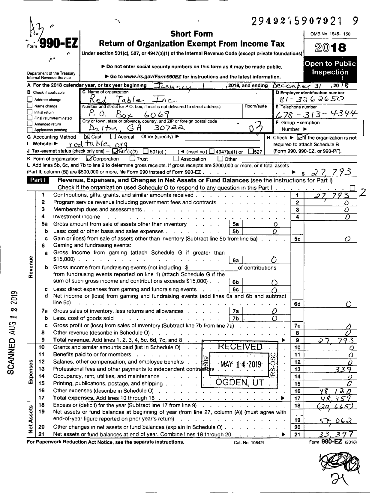 Image of first page of 2018 Form 990EZ for Red Table