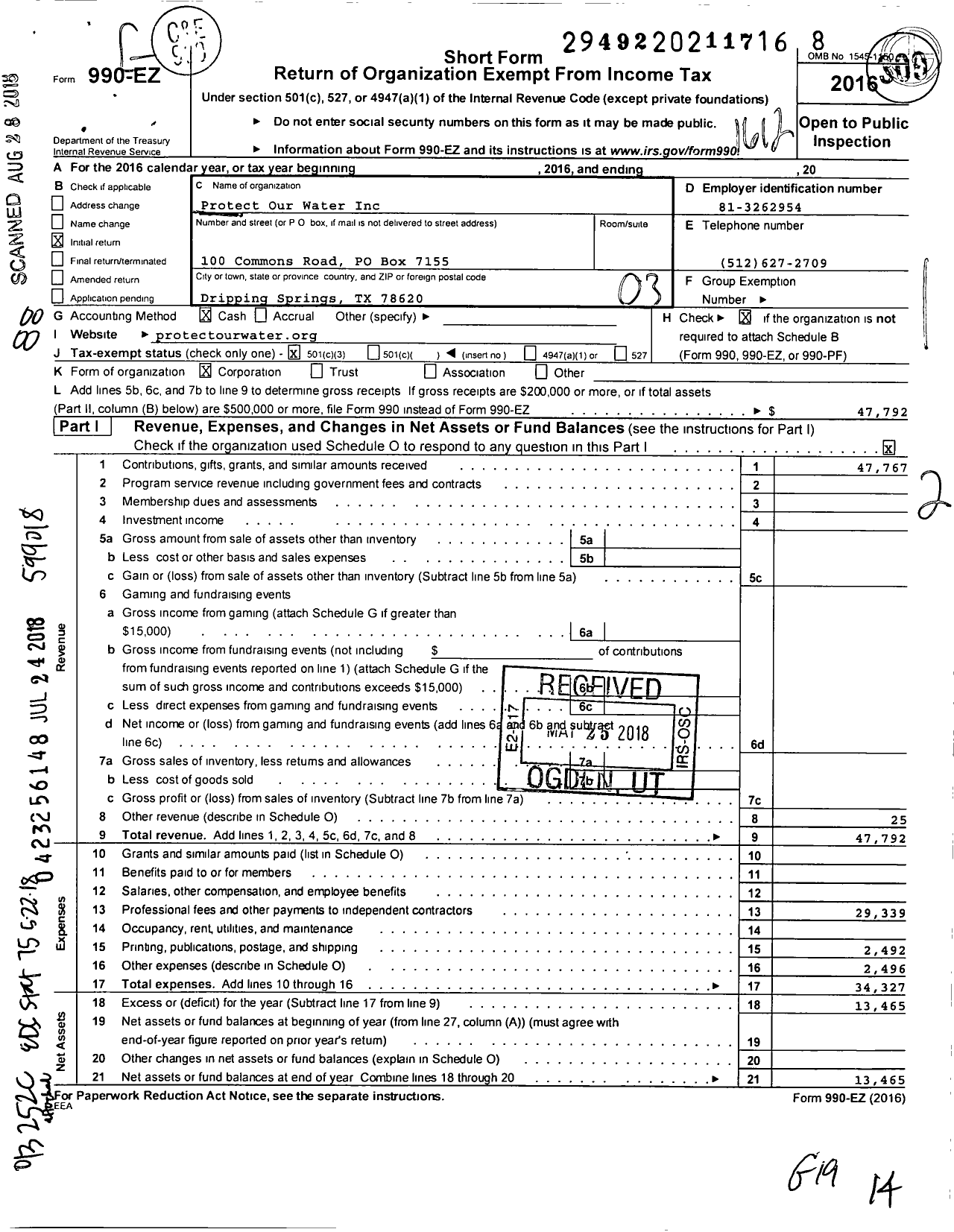 Image of first page of 2016 Form 990EZ for Protect Our Water