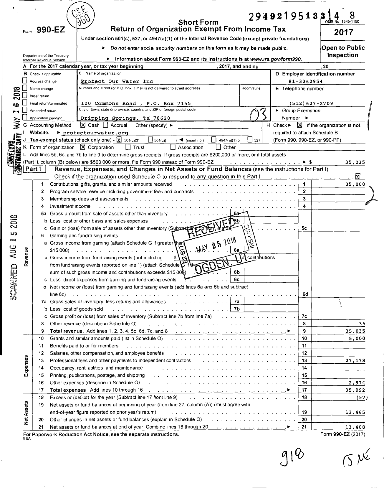 Image of first page of 2017 Form 990EZ for Protect Our Water