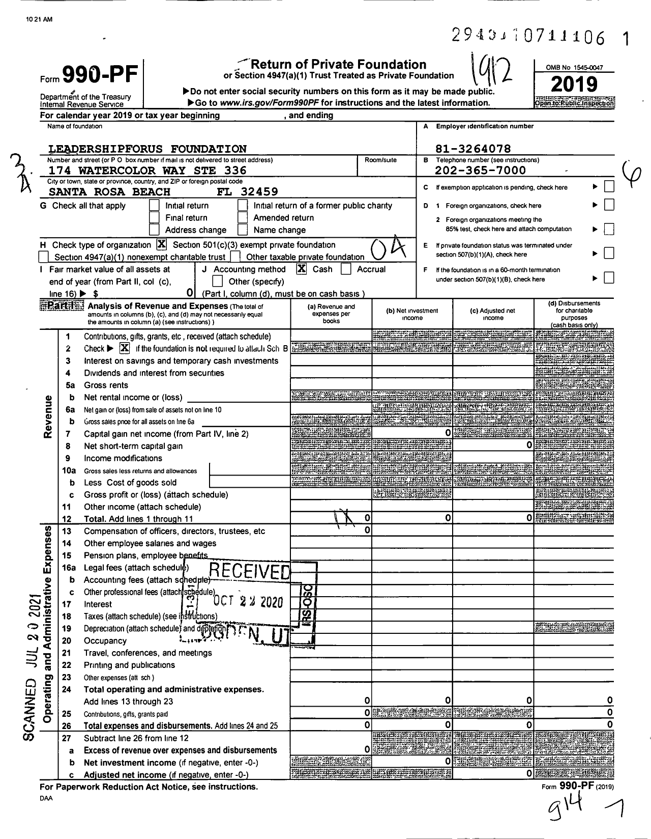 Image of first page of 2019 Form 990PF for Leadershipforus Foundation