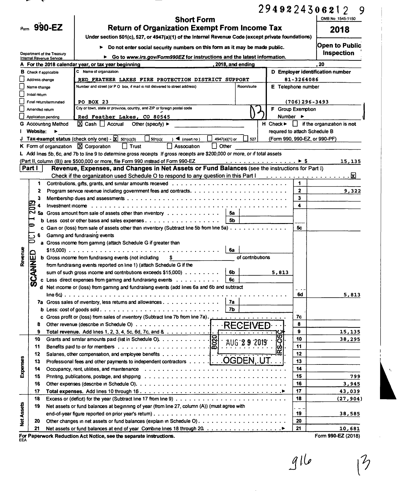 Image of first page of 2018 Form 990EZ for Red Feather Lakes Fire Protection District Supporters