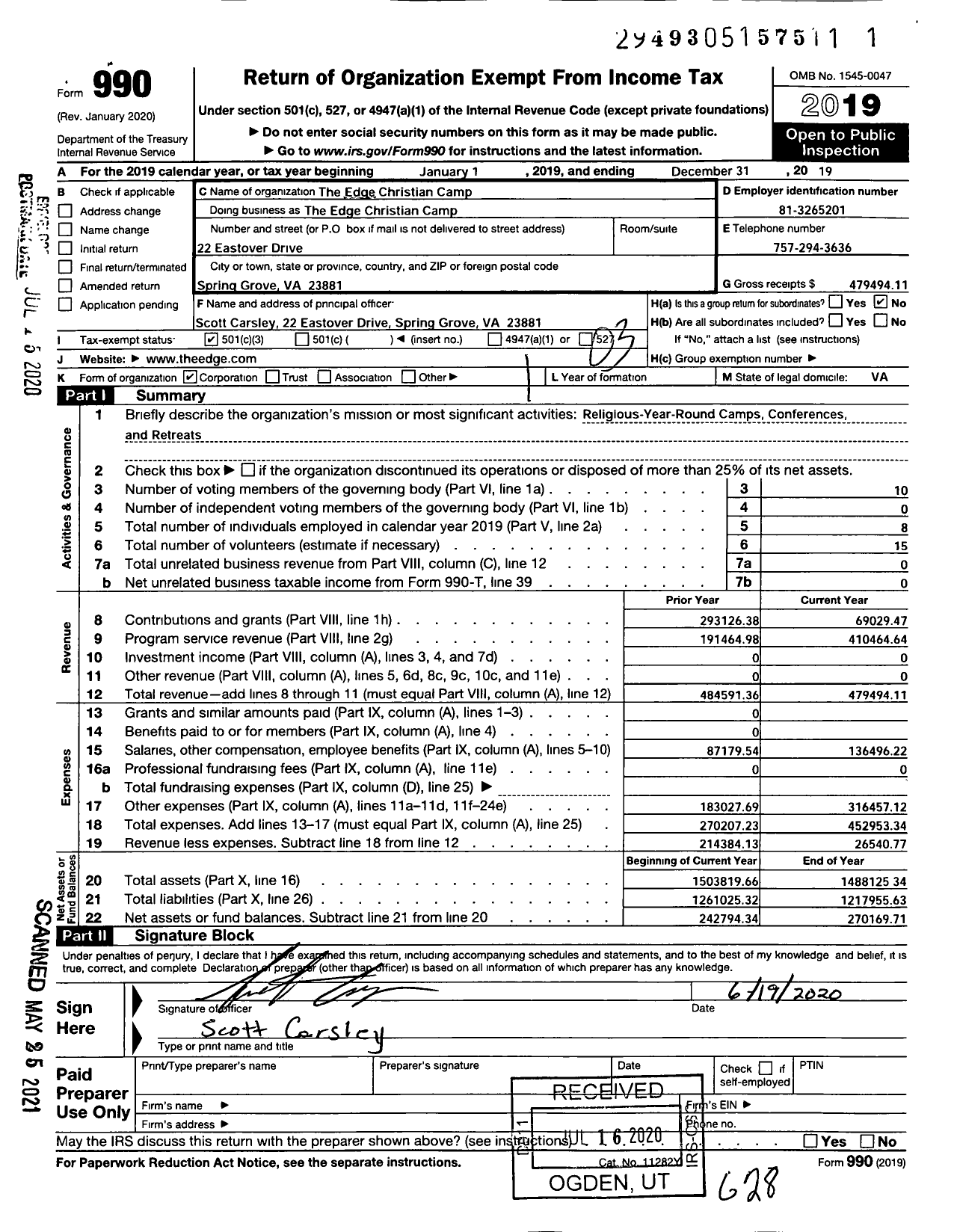 Image of first page of 2019 Form 990 for The EDGE CHRISTIAN CAMP