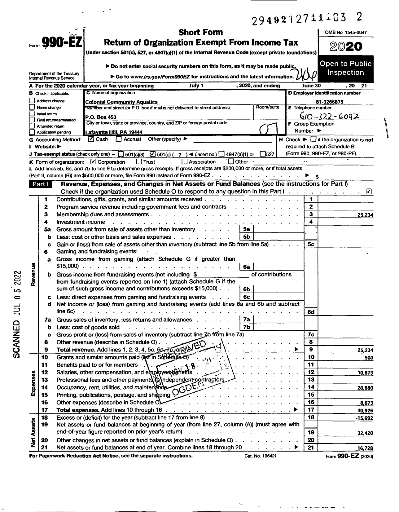 Image of first page of 2020 Form 990EO for Colonial Community Aquatics