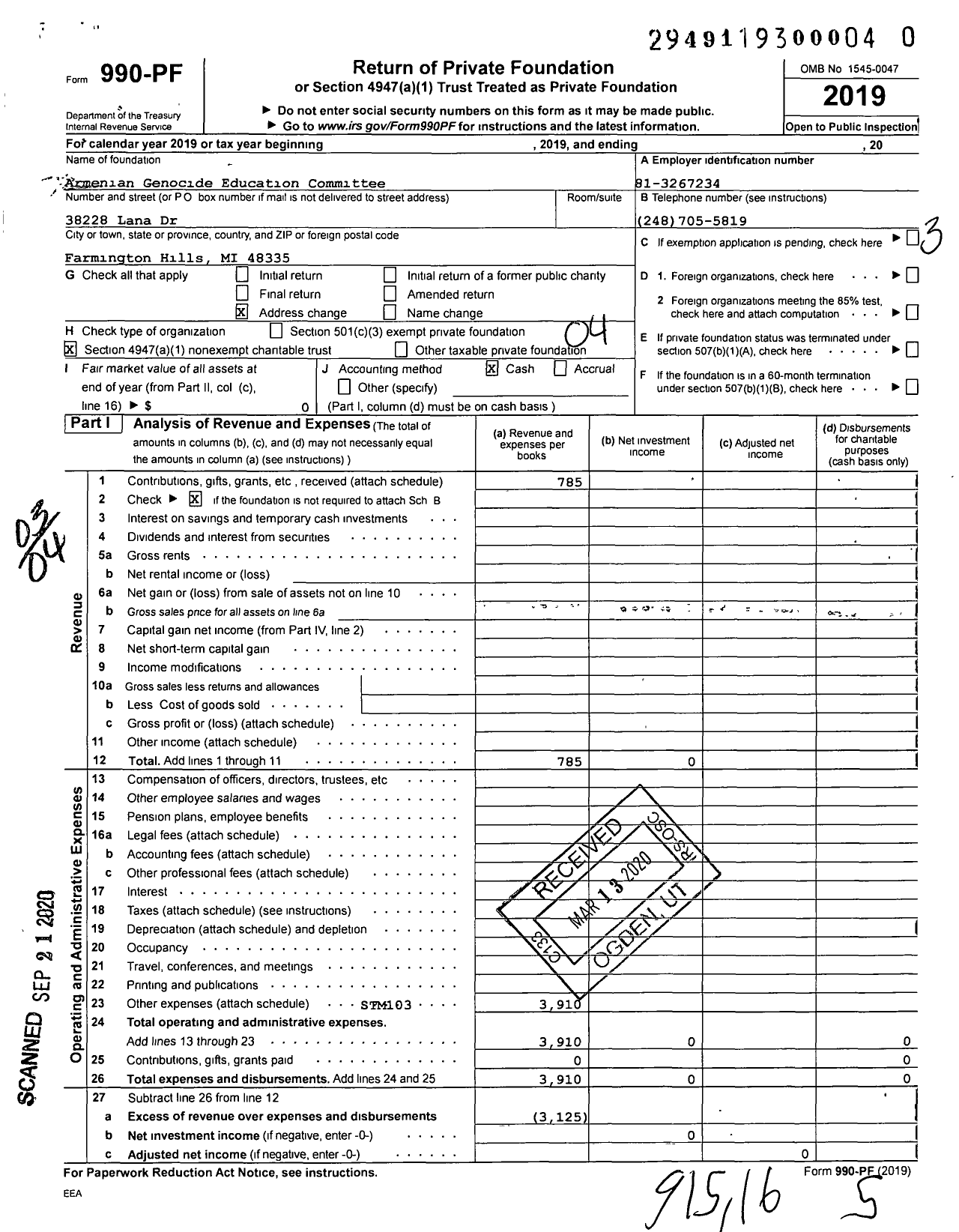 Image of first page of 2019 Form 990PR for Armenian Genocide Education Committee