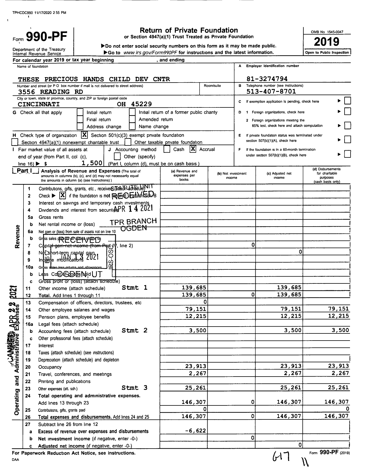 Image of first page of 2019 Form 990PA for These Precious Hands Child Dev Center