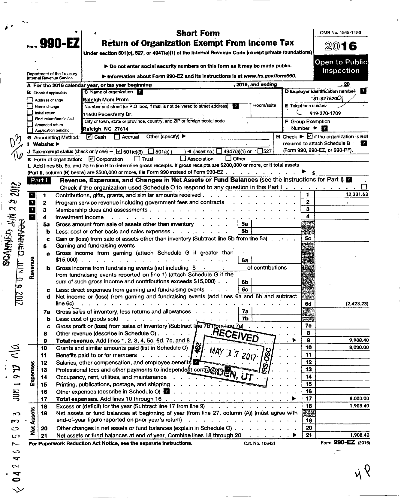 Image of first page of 2016 Form 990EZ for Raleigh Mom Prom