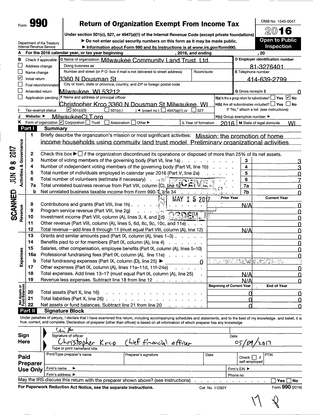 Image of first page of 2016 Form 990 for Milwaukee Community Land Trust