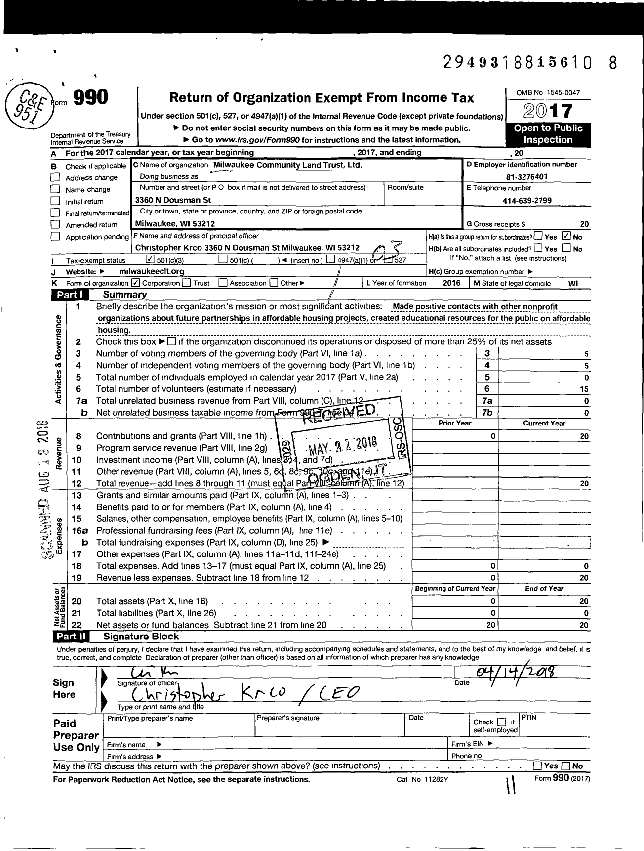 Image of first page of 2017 Form 990 for Milwaukee Community Land Trust