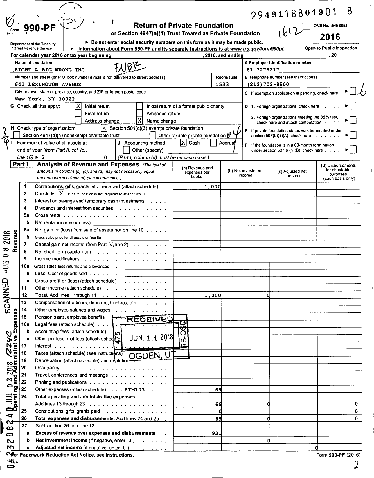 Image of first page of 2016 Form 990PF for Right A Big Wrong