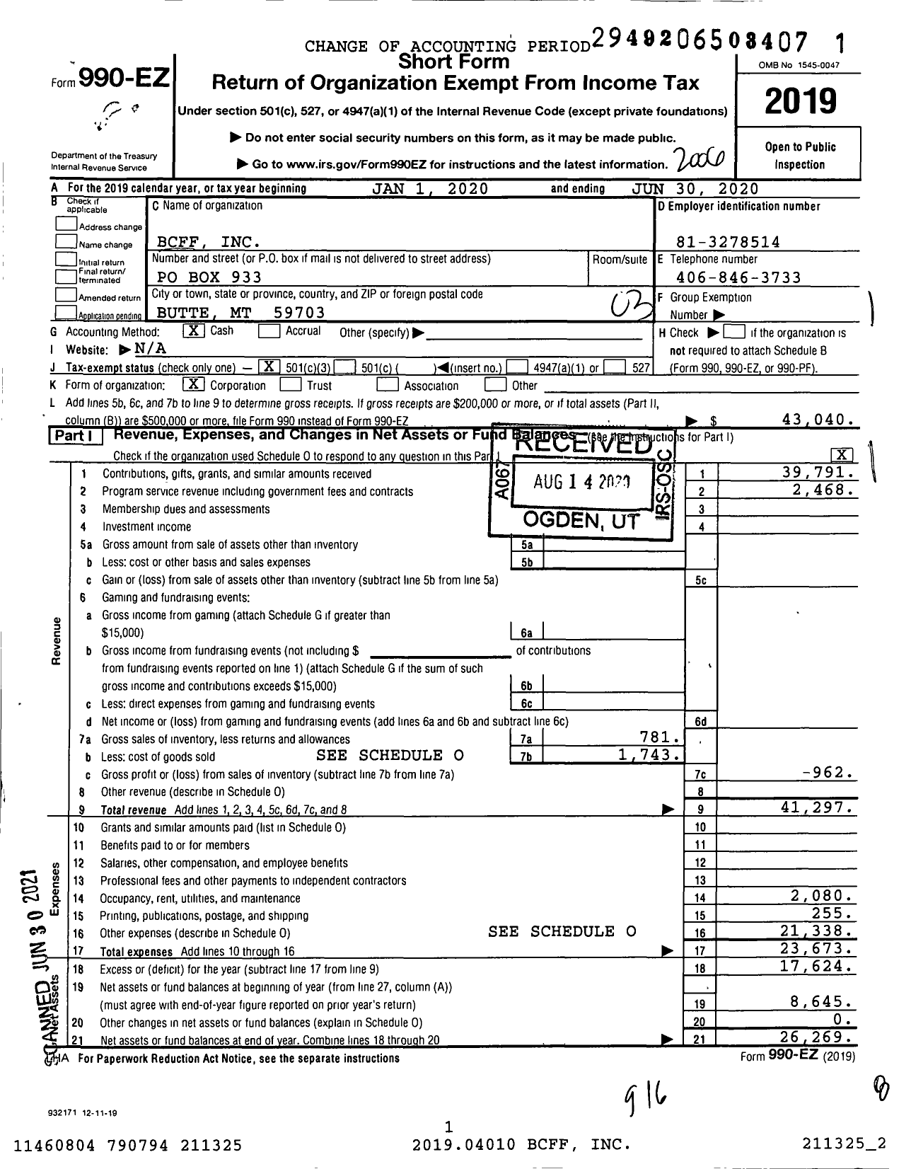 Image of first page of 2019 Form 990EZ for Butte Community Fitness Foundation (BCFF)