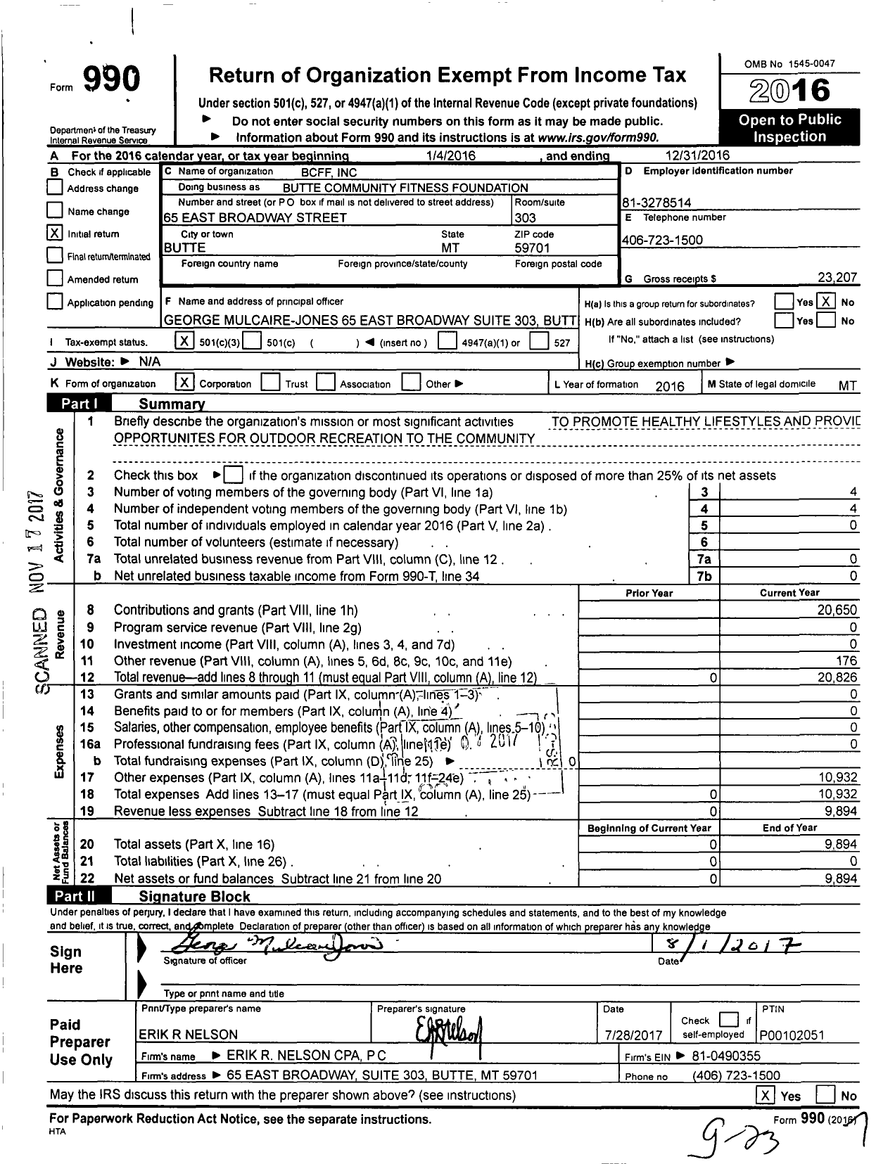 Image of first page of 2016 Form 990 for Butte Community Fitness Foundation (BCFF)