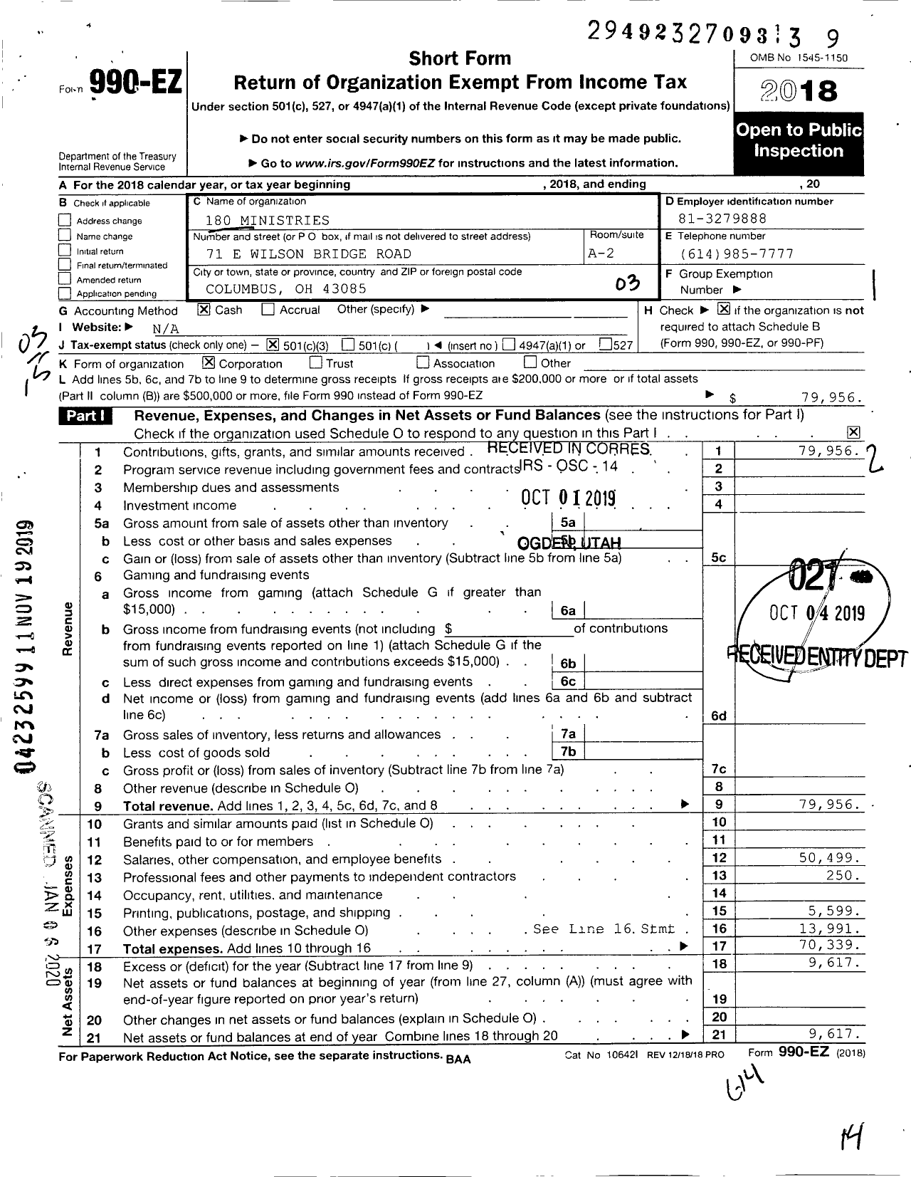 Image of first page of 2018 Form 990EZ for 180 Ministries