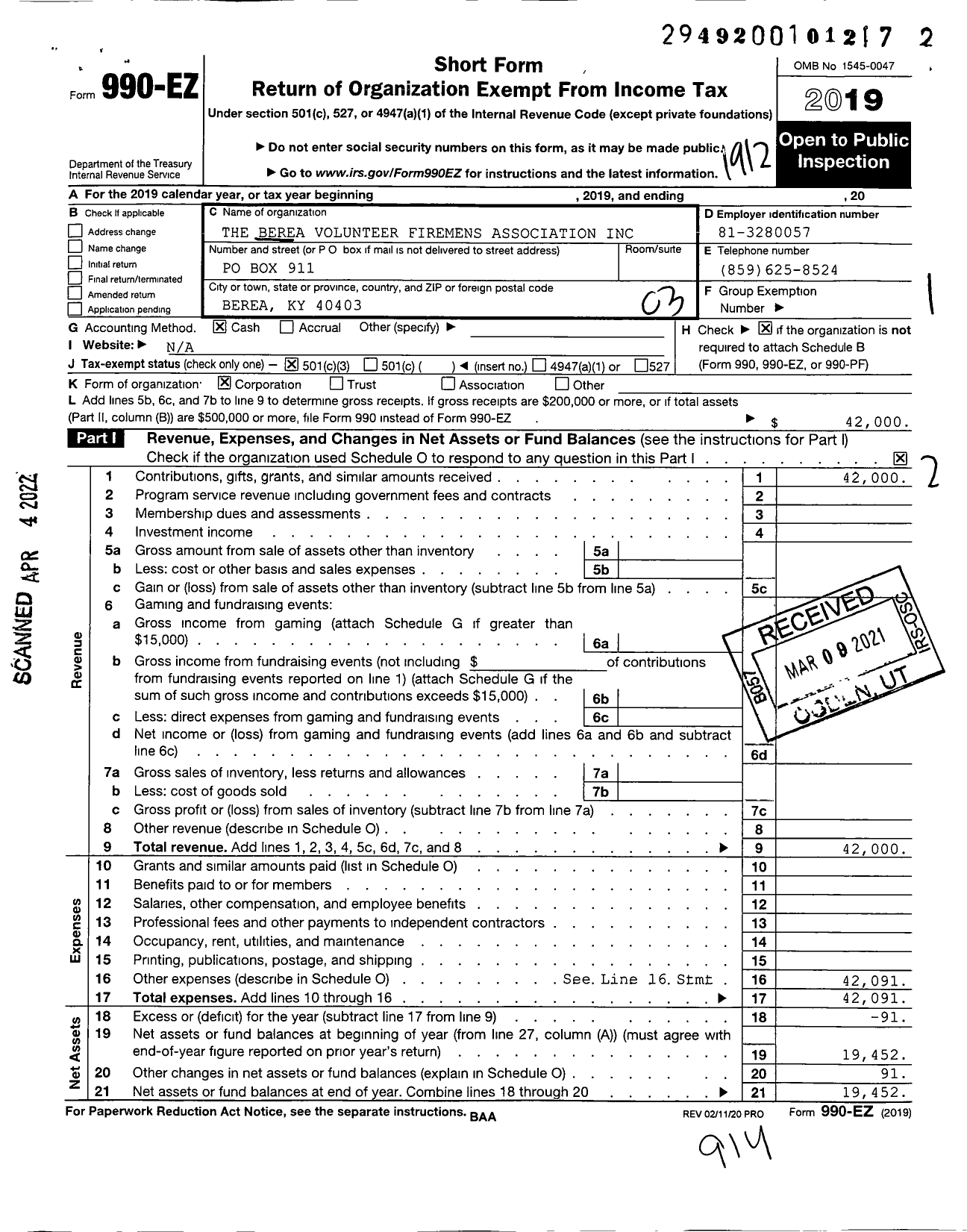 Image of first page of 2019 Form 990EZ for Berea Volunteer Firemens Association