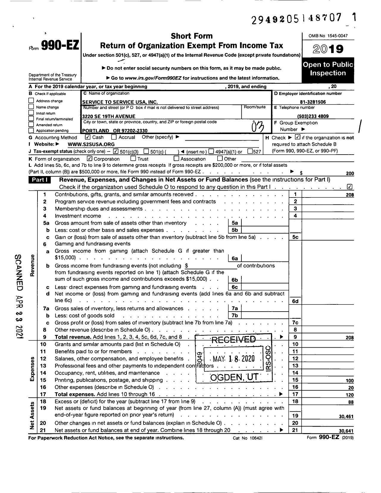 Image of first page of 2019 Form 990EZ for Service To Service USA