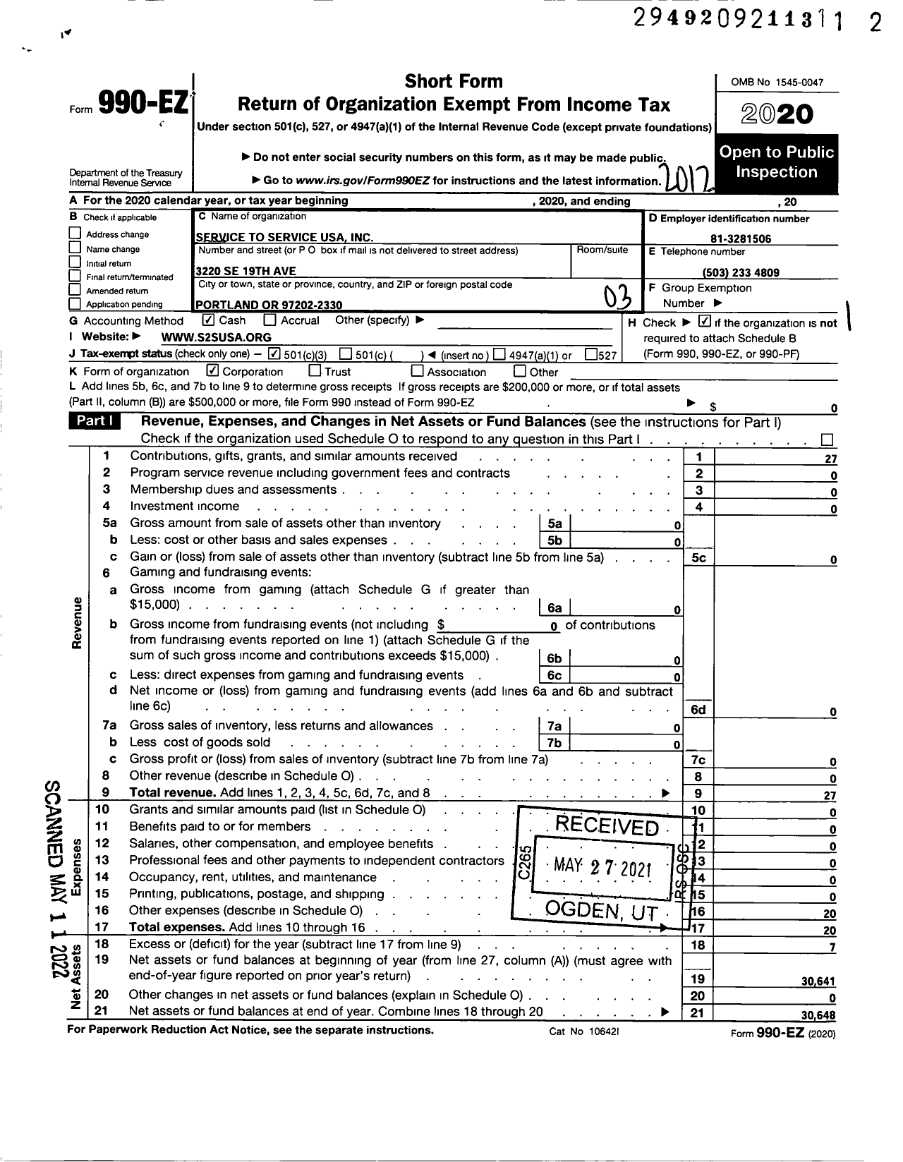 Image of first page of 2020 Form 990EZ for Service To Service USA