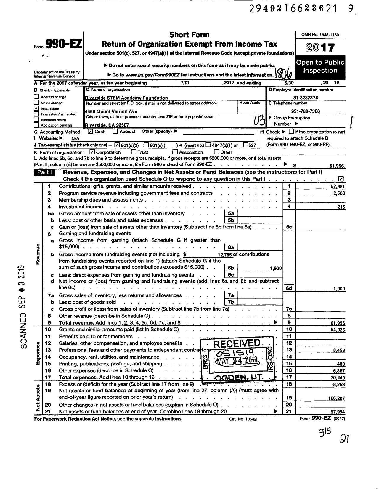 Image of first page of 2017 Form 990EZ for Riverside STEM Academy Foundation