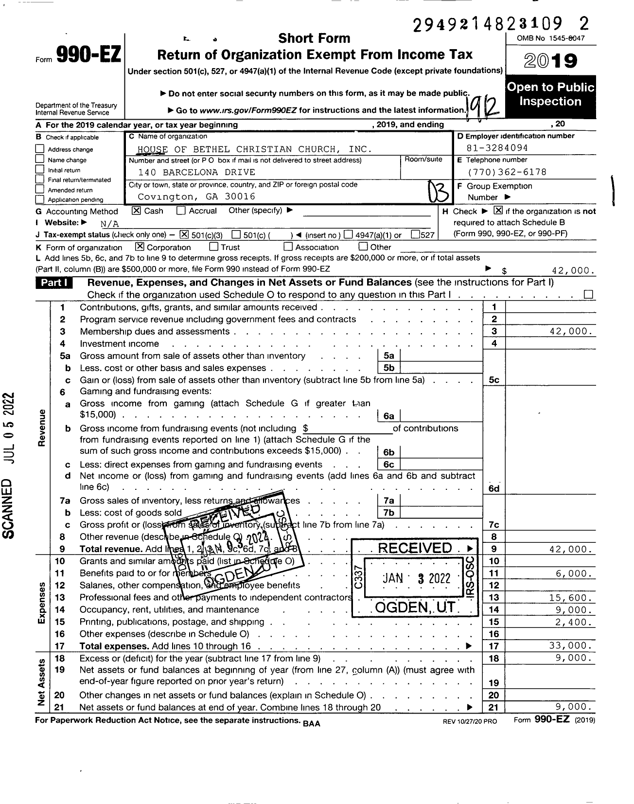 Image of first page of 2019 Form 990EZ for House of Bethel Christian Church