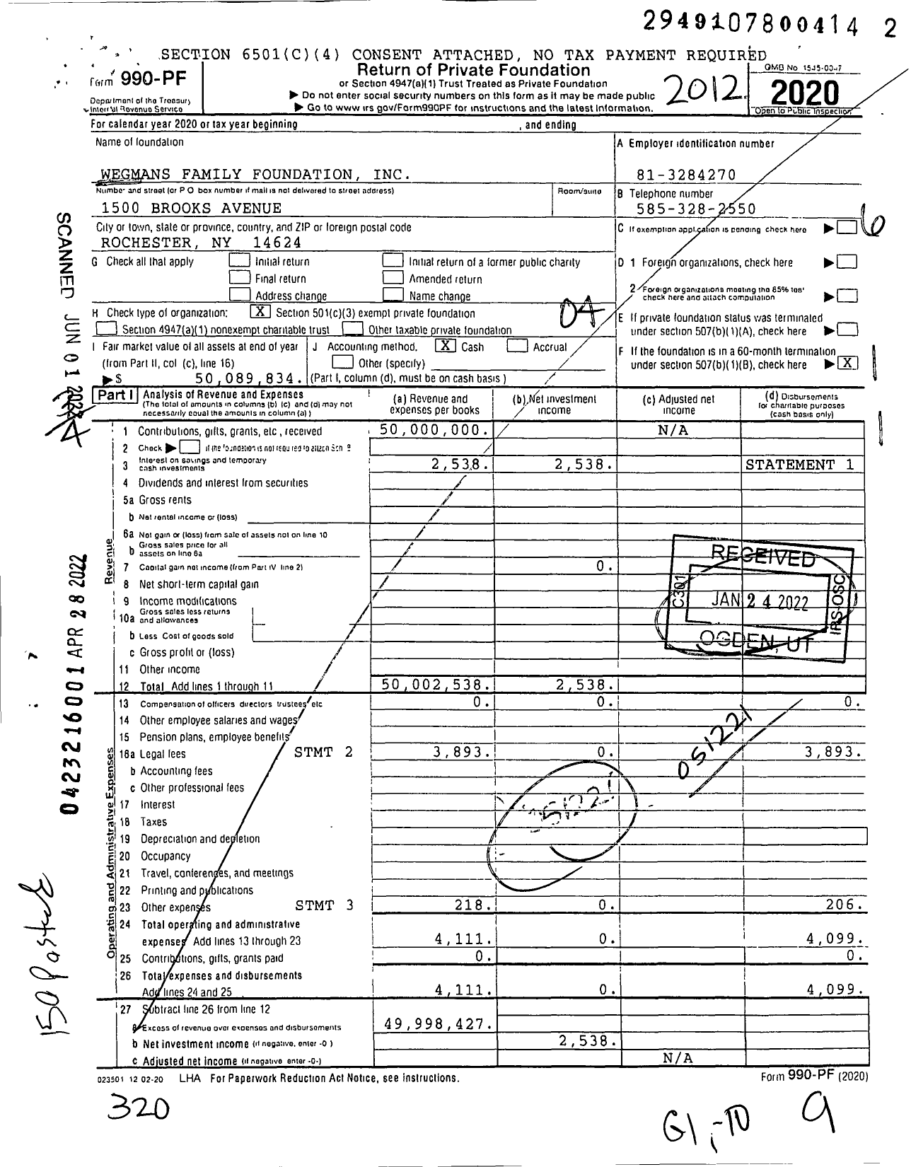 Image of first page of 2020 Form 990PF for Wegmans Family Foundation