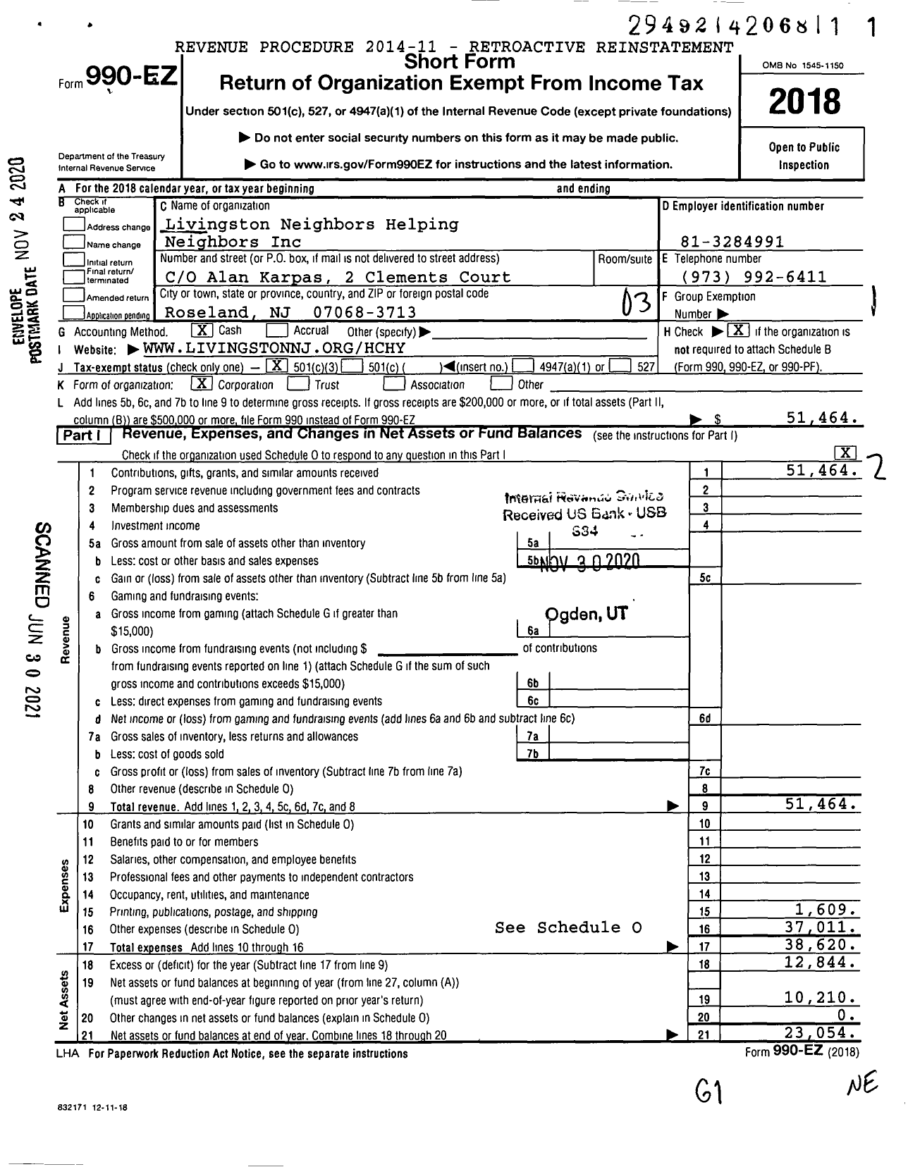 Image of first page of 2018 Form 990EZ for Livingston Neighbors Helping Neighbors