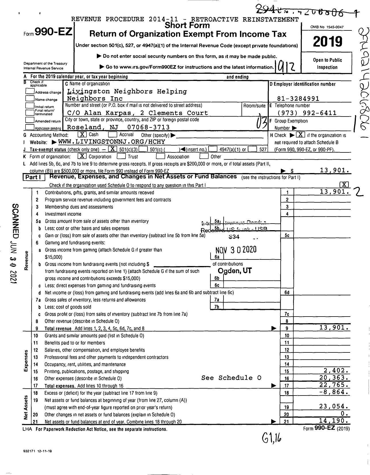 Image of first page of 2019 Form 990EZ for Livingston Neighbors Helping Neighbors