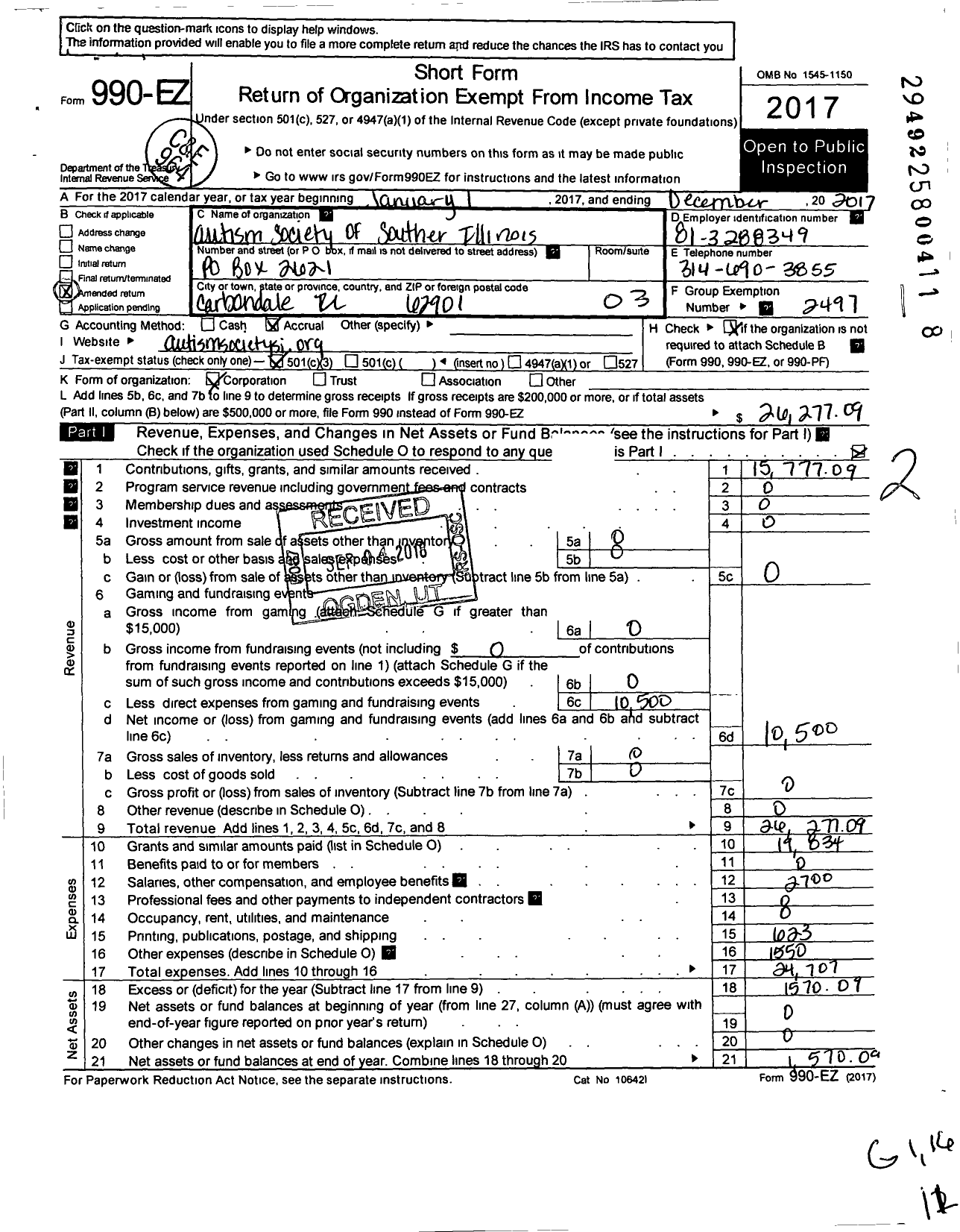 Image of first page of 2017 Form 990EZ for Autism Society of America / Autism Society of Southern Illinois