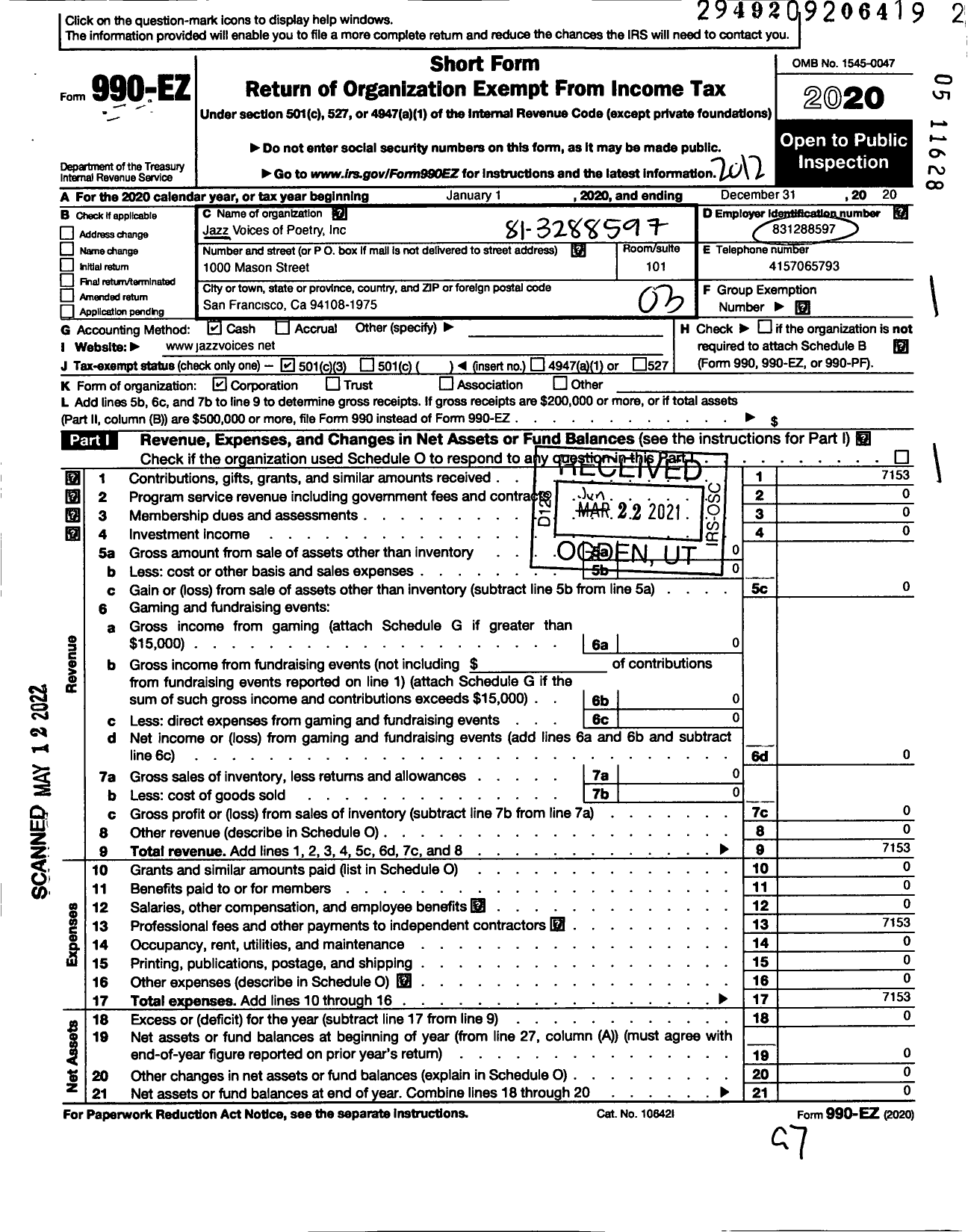 Image of first page of 2020 Form 990EZ for Jazz Voices of Poetry