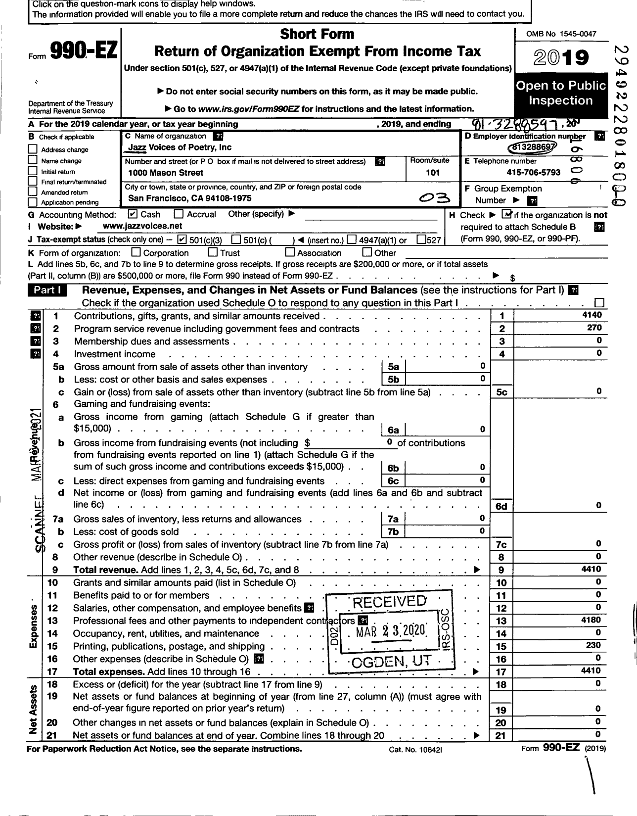 Image of first page of 2019 Form 990EZ for Jazz Voices of Poetry