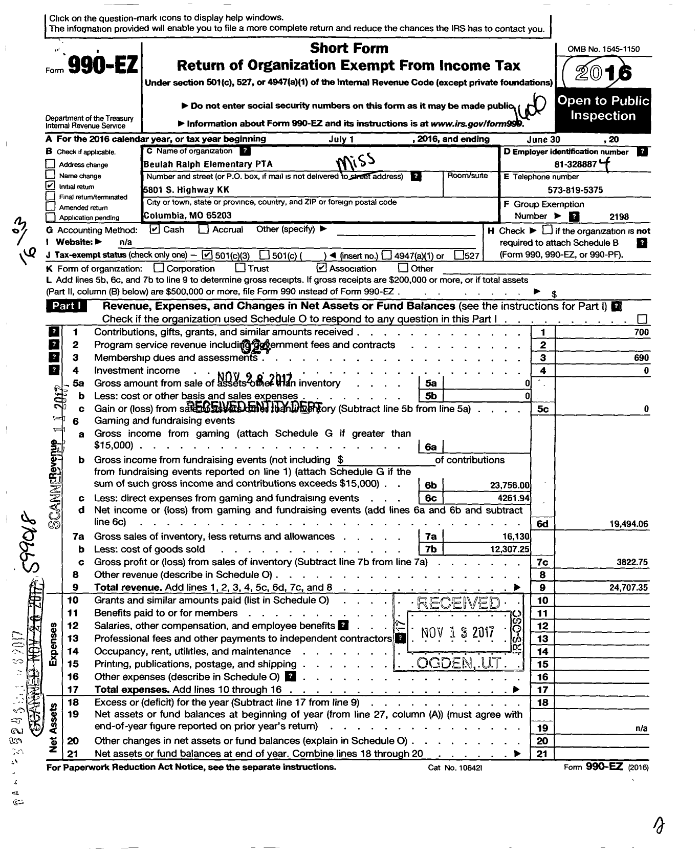 Image of first page of 2015 Form 990EZ for MISSOURI CONGRESS OF PARENTS AND TEACHERS / Beulah Ralph Elementary School PTA