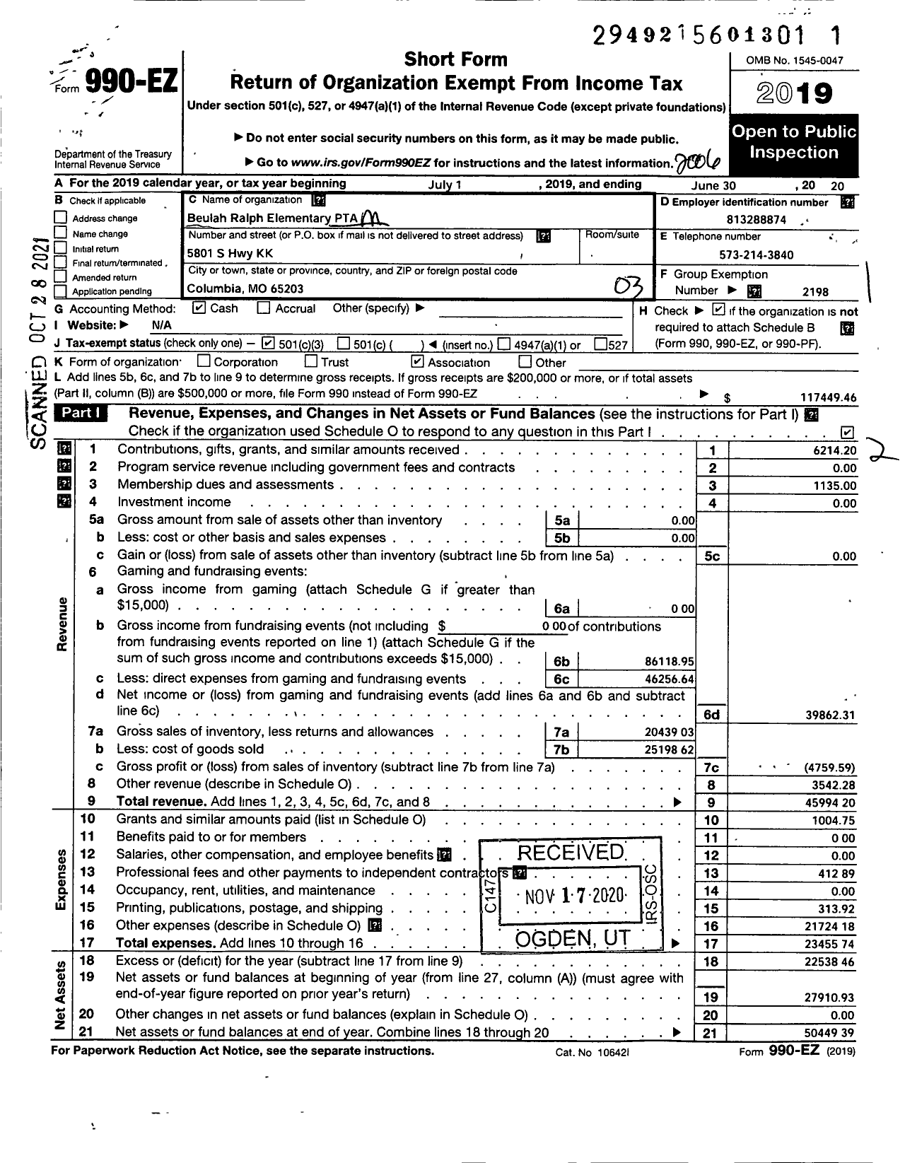 Image of first page of 2019 Form 990EZ for Beulah Ralph Elementary School PTA