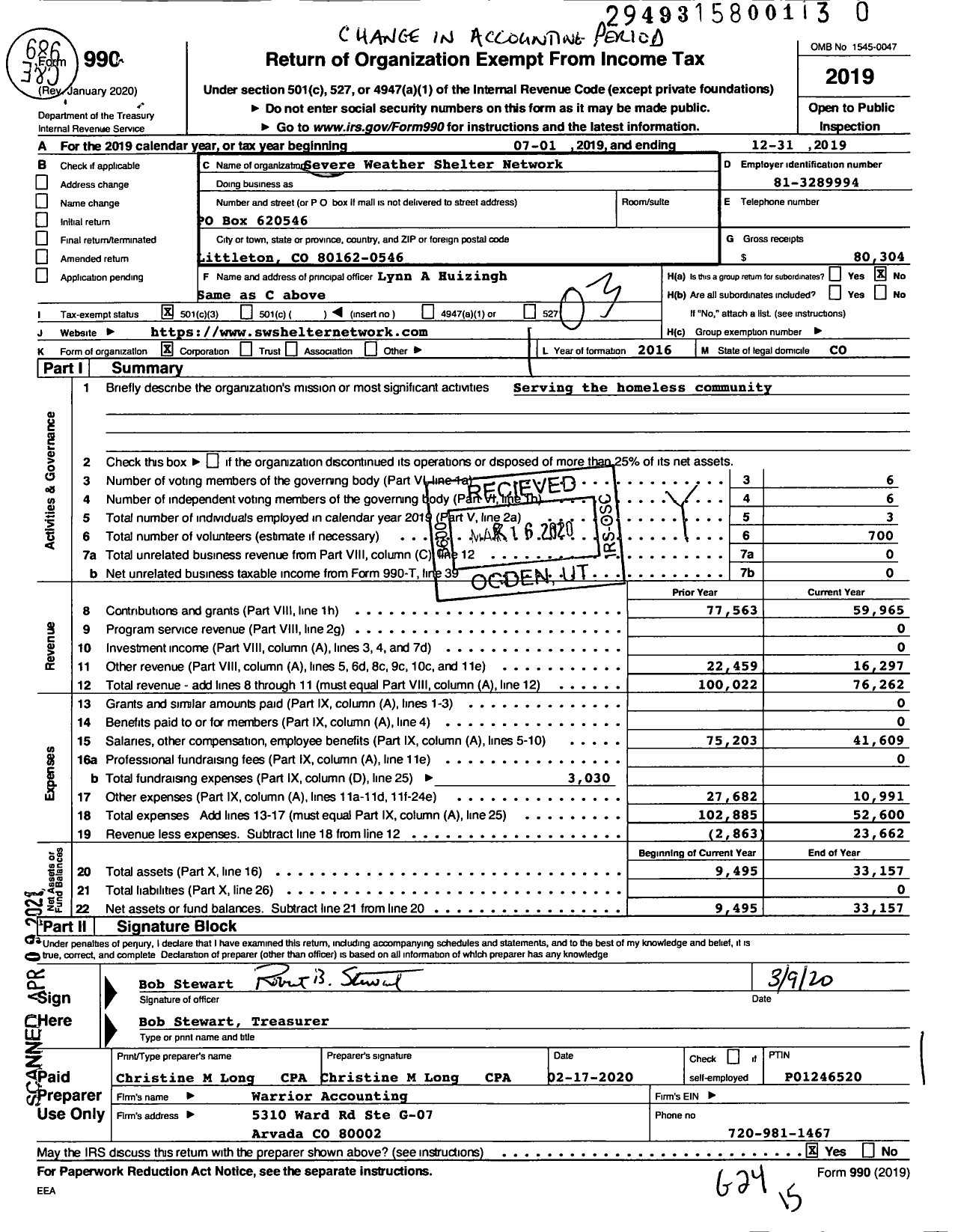 Image of first page of 2019 Form 990 for Severe Weather Shelter Network