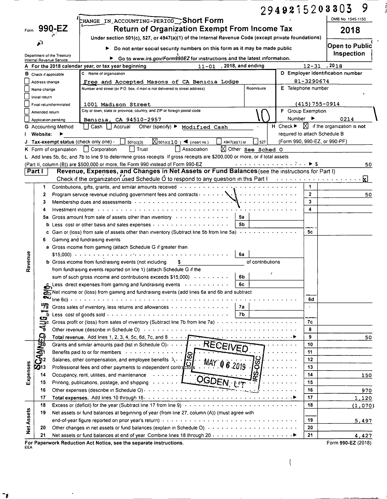 Image of first page of 2018 Form 990EO for Masons of California - Benicia Lodge