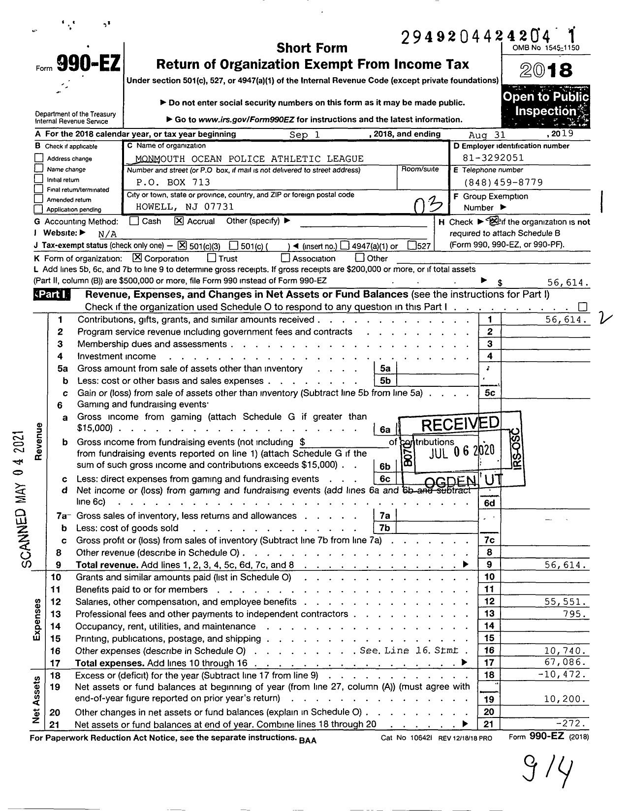 Image of first page of 2018 Form 990EZ for Monmouth Ocean Police Athletic League