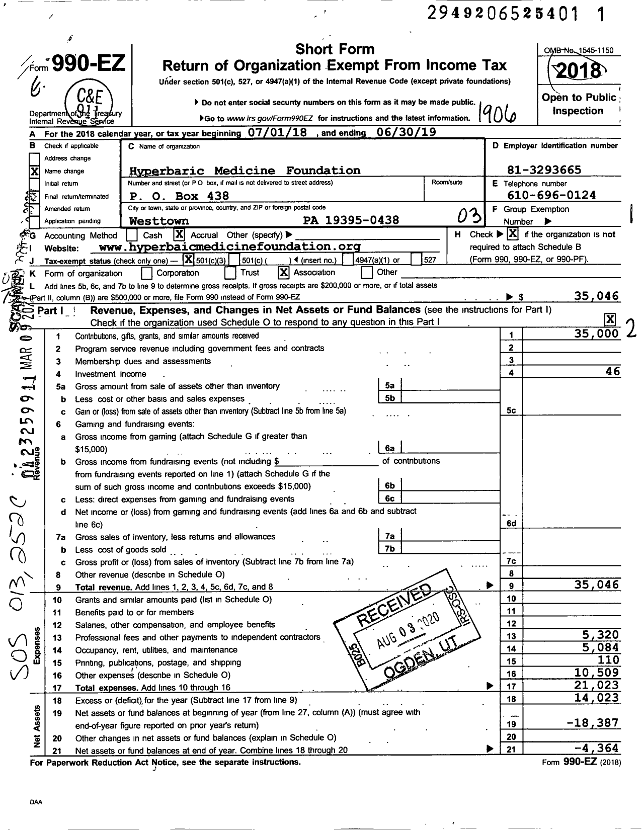 Image of first page of 2018 Form 990EZ for Hyperbaric Medicine Foundation