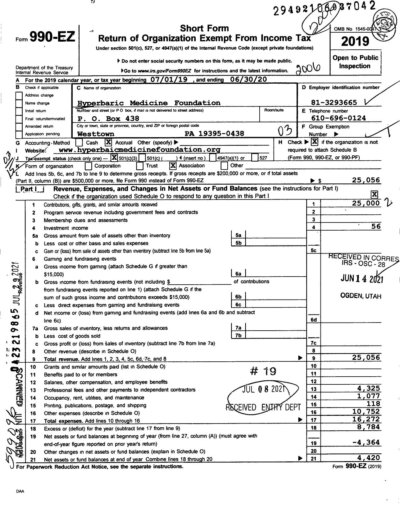 Image of first page of 2019 Form 990EZ for Hyperbaric Medicine Foundation