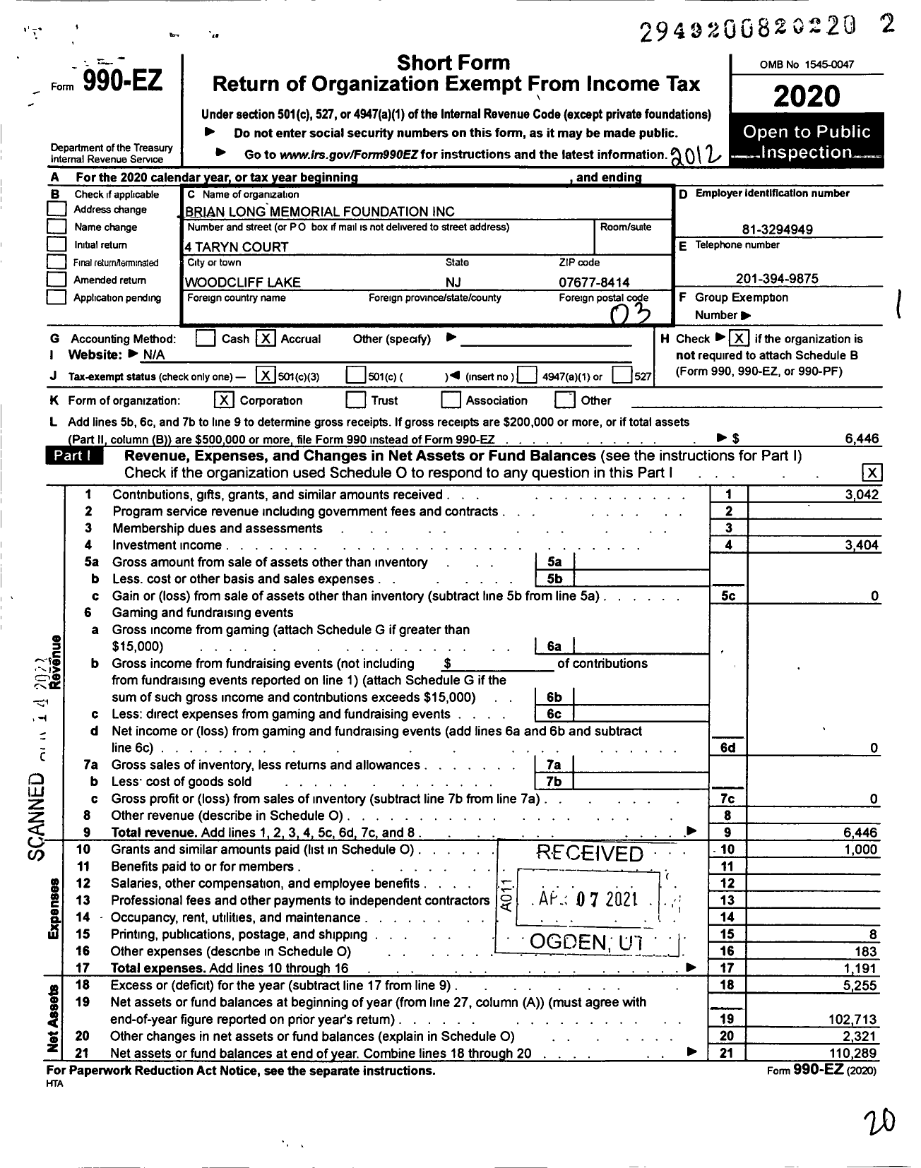 Image of first page of 2020 Form 990EZ for Brian Long Memorial Foundation