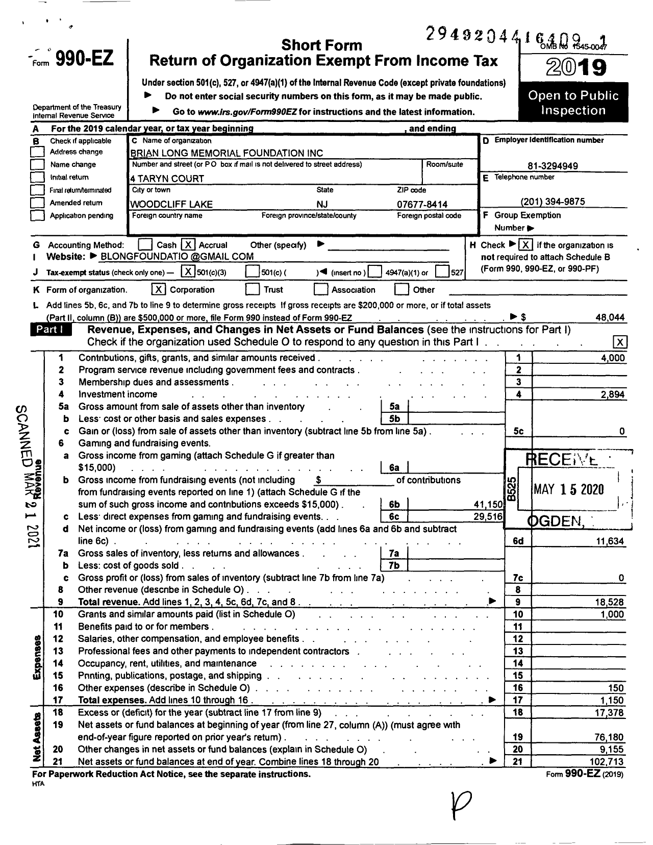 Image of first page of 2019 Form 990EZ for Brian Long Memorial Foundation