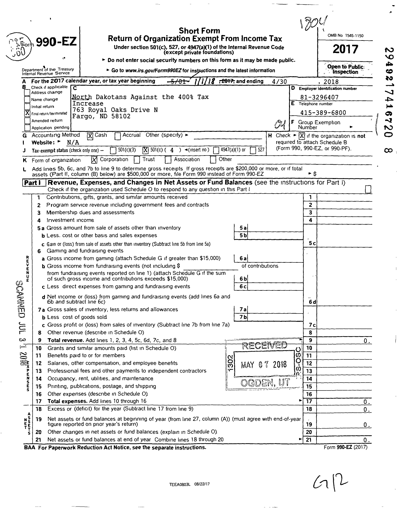 Image of first page of 2017 Form 990EO for North Dakotans Against the 400 Tax Increase