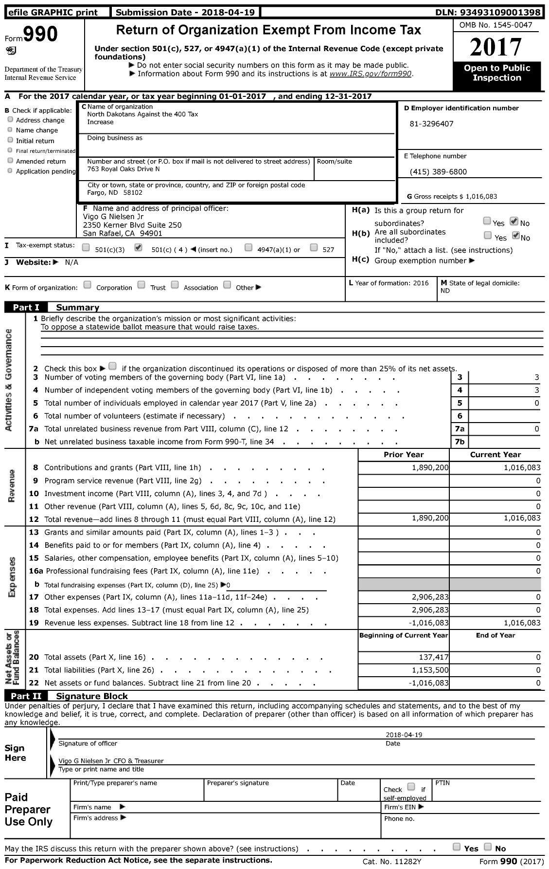 Image of first page of 2017 Form 990 for North Dakotans Against the 400 Tax Increase