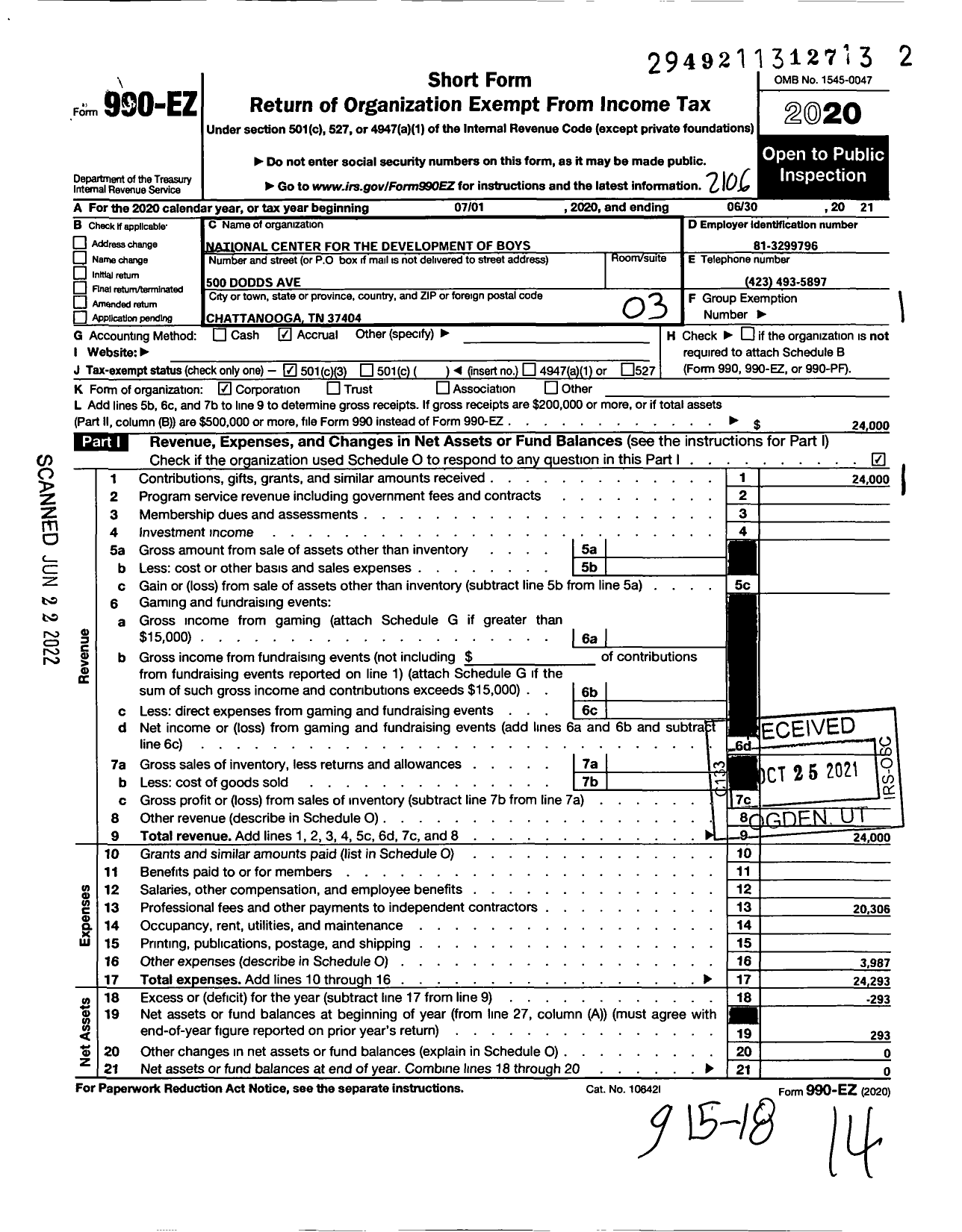 Image of first page of 2020 Form 990EZ for National Center for the Development of Boys