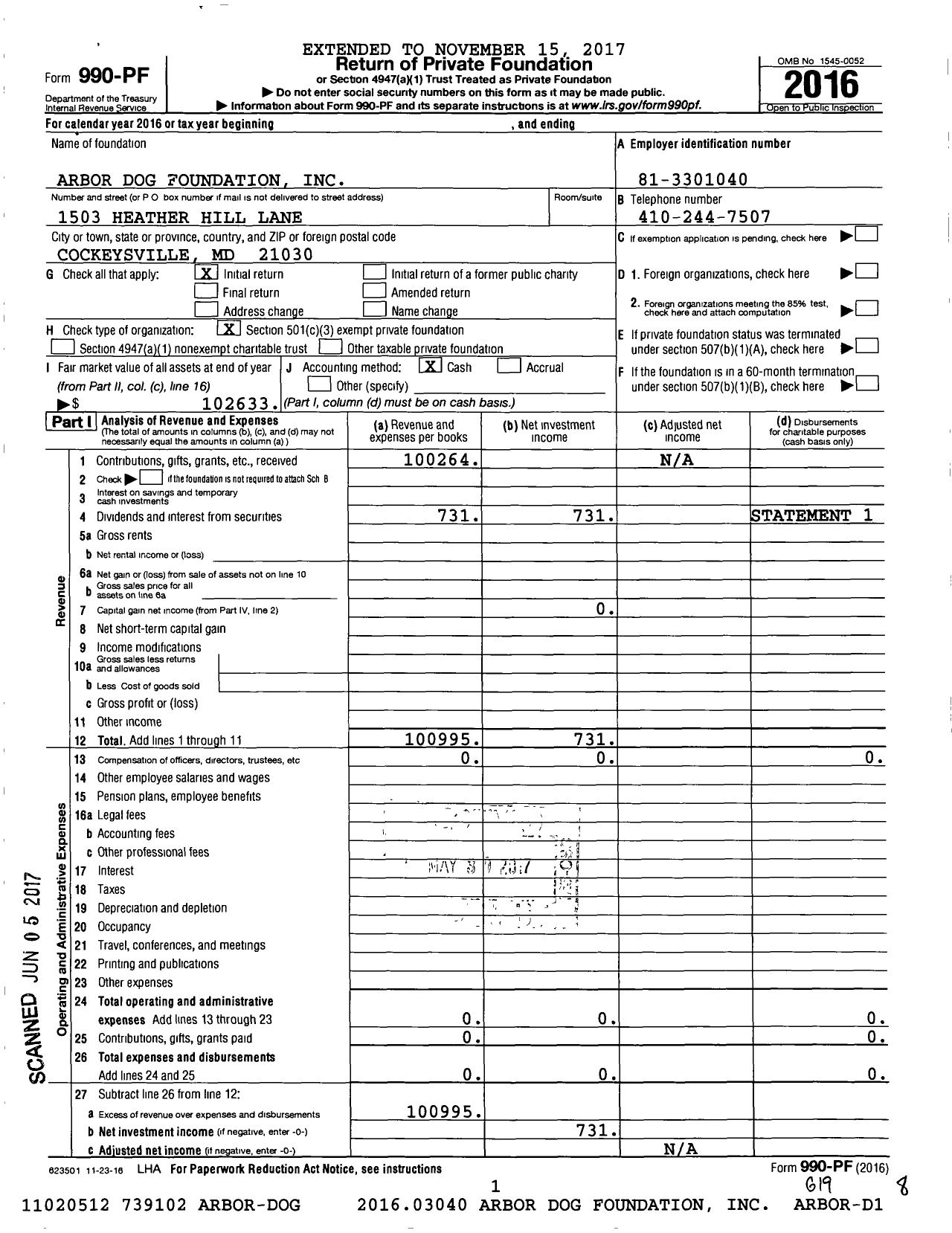 Image of first page of 2016 Form 990PF for Arbor Dog Foundation