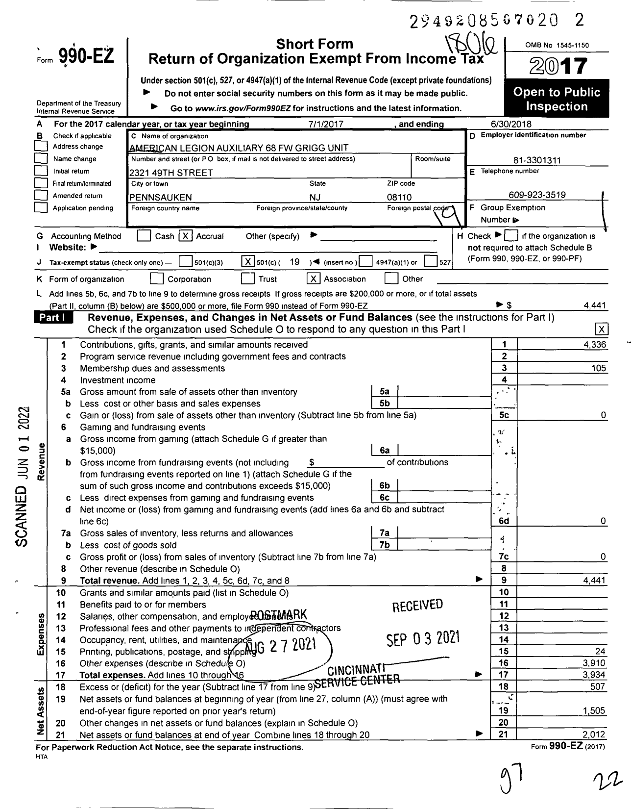 Image of first page of 2017 Form 990EO for American Legion Auxiliary - 68 FW Grigg Unit