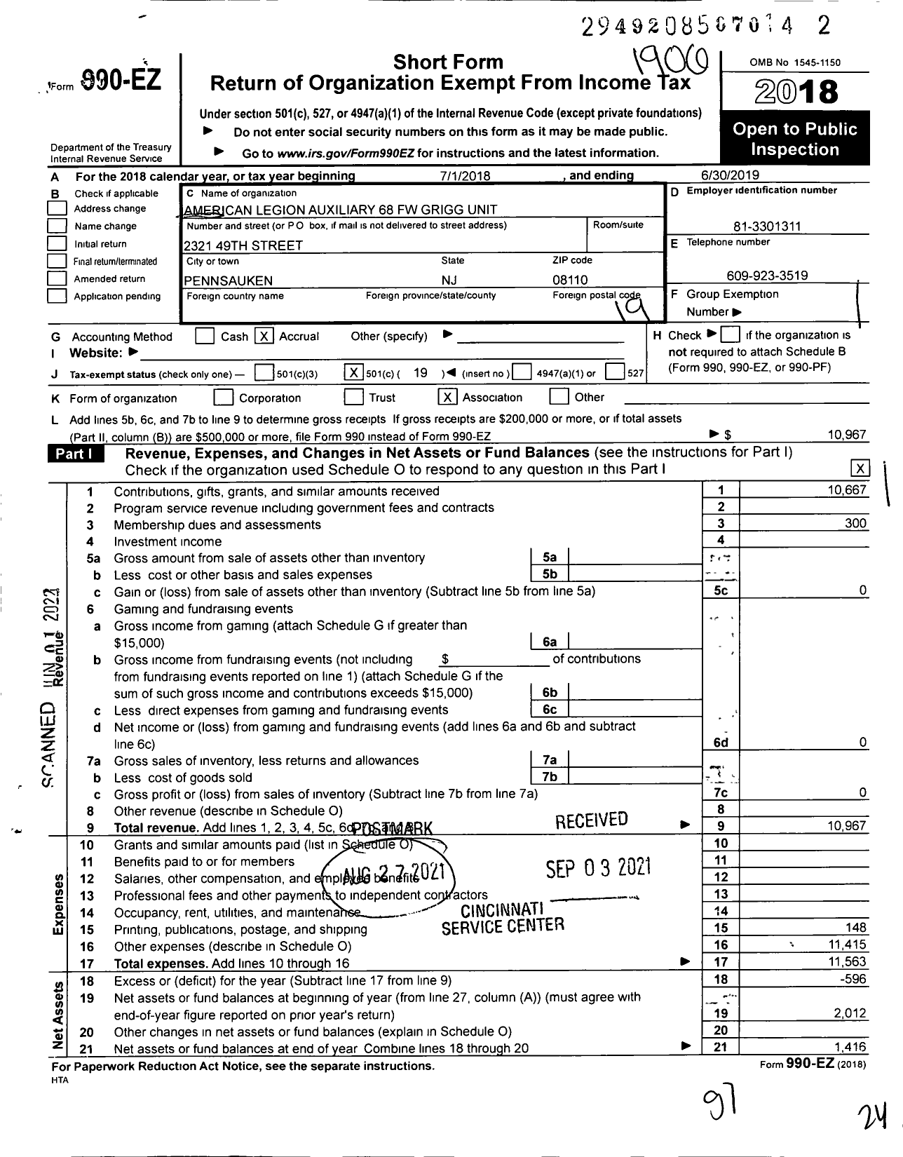 Image of first page of 2018 Form 990EO for American Legion Auxiliary - 68 FW Grigg Unit