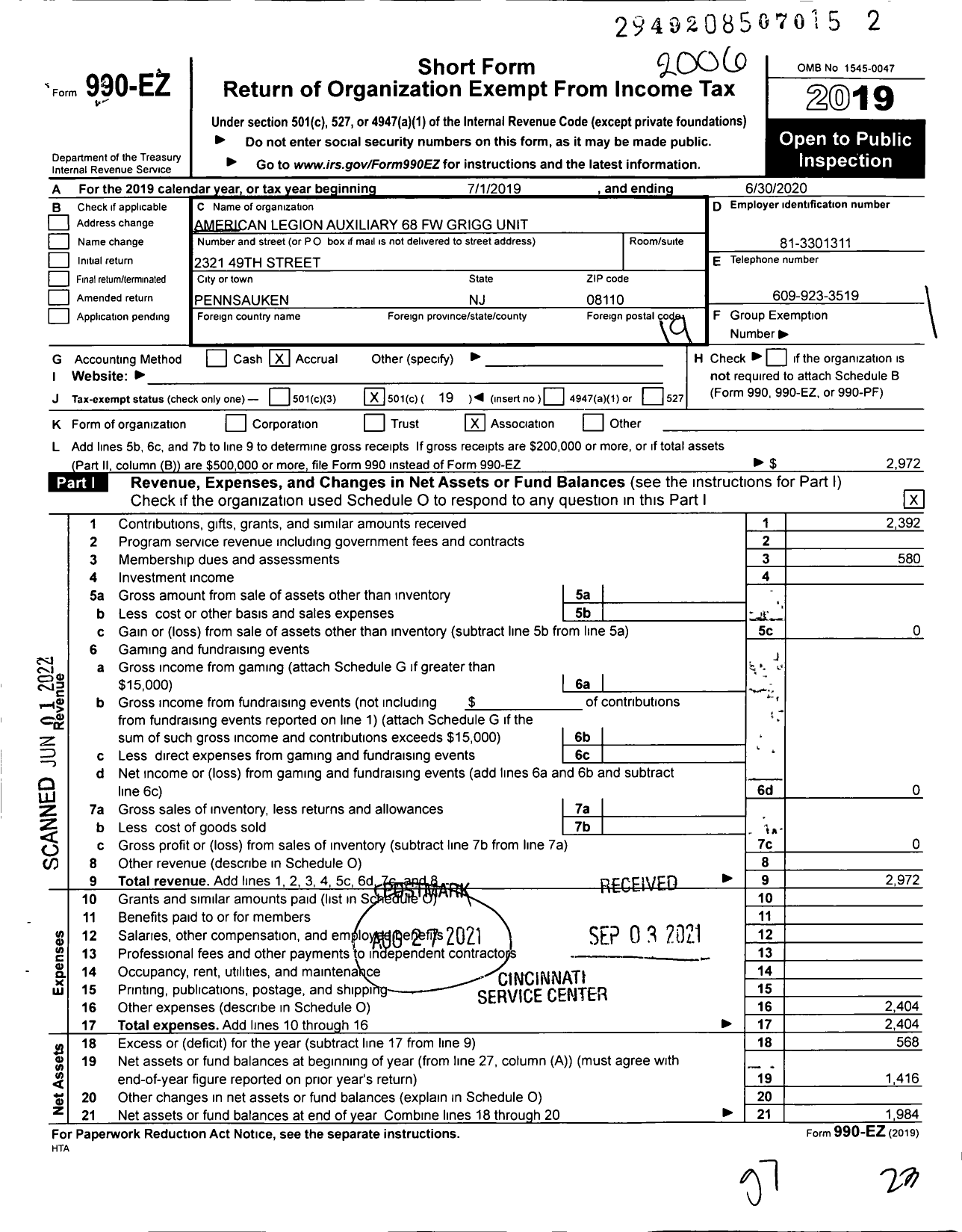 Image of first page of 2019 Form 990EO for American Legion Auxiliary - 68 FW Grigg Unit