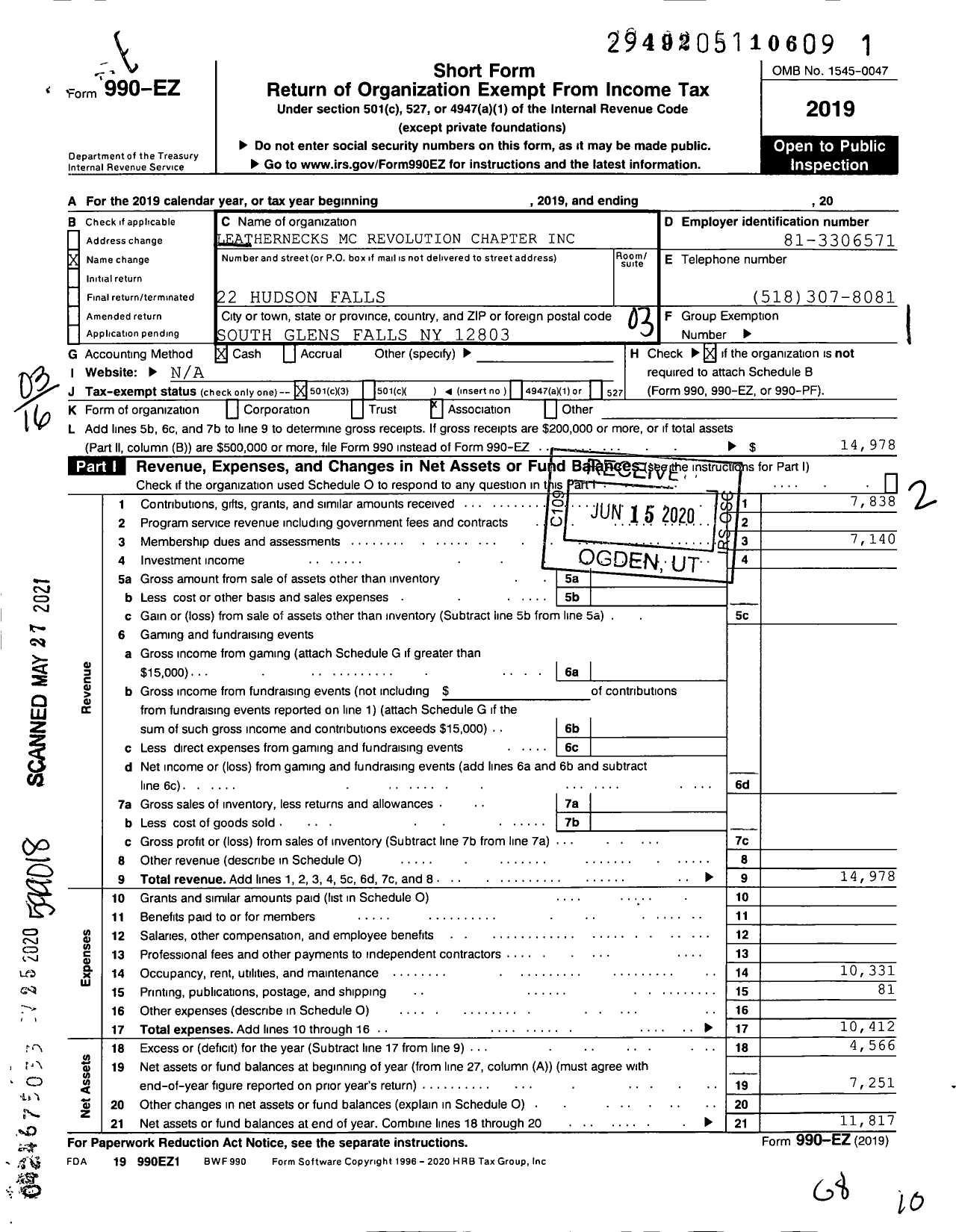 Image of first page of 2019 Form 990EZ for Leathernecks MC Revolution Chapter