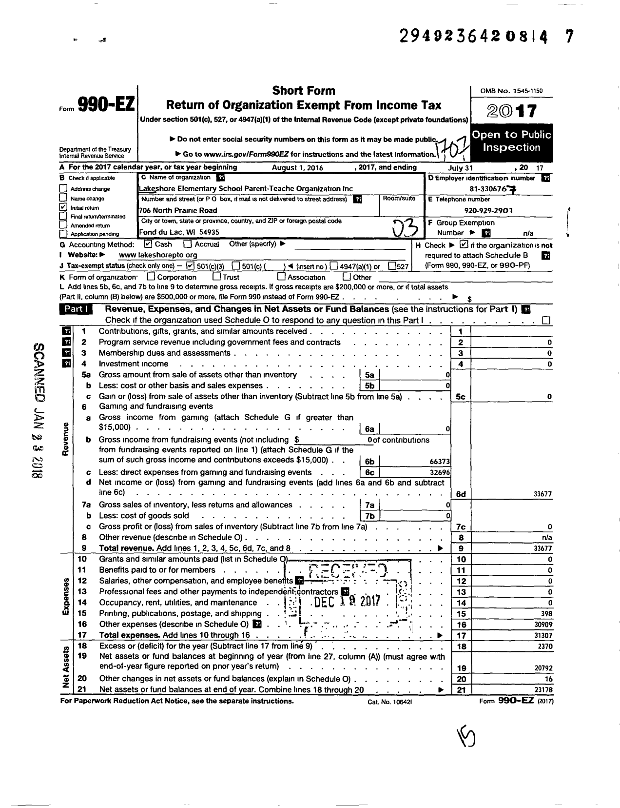 Image of first page of 2016 Form 990EZ for Lakeshore Elementary School Parent and Teacher Organization