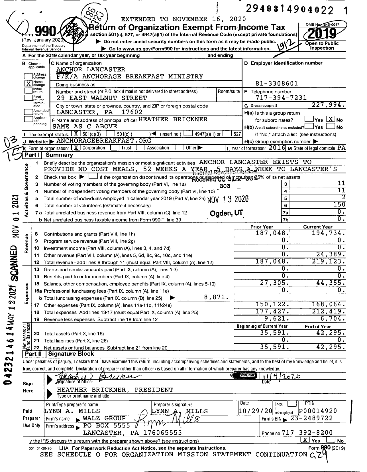 Image of first page of 2019 Form 990 for Anchor Lancaster