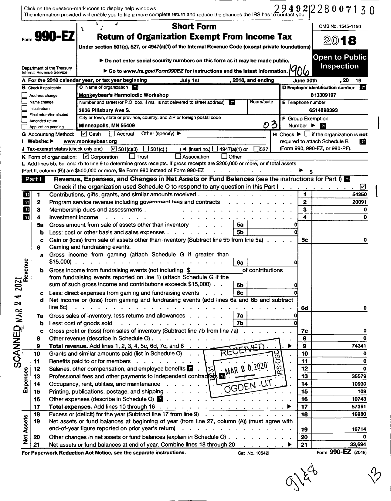 Image of first page of 2018 Form 990EZ for MONKEYBEARS HARMOLODiC WORKSHOP