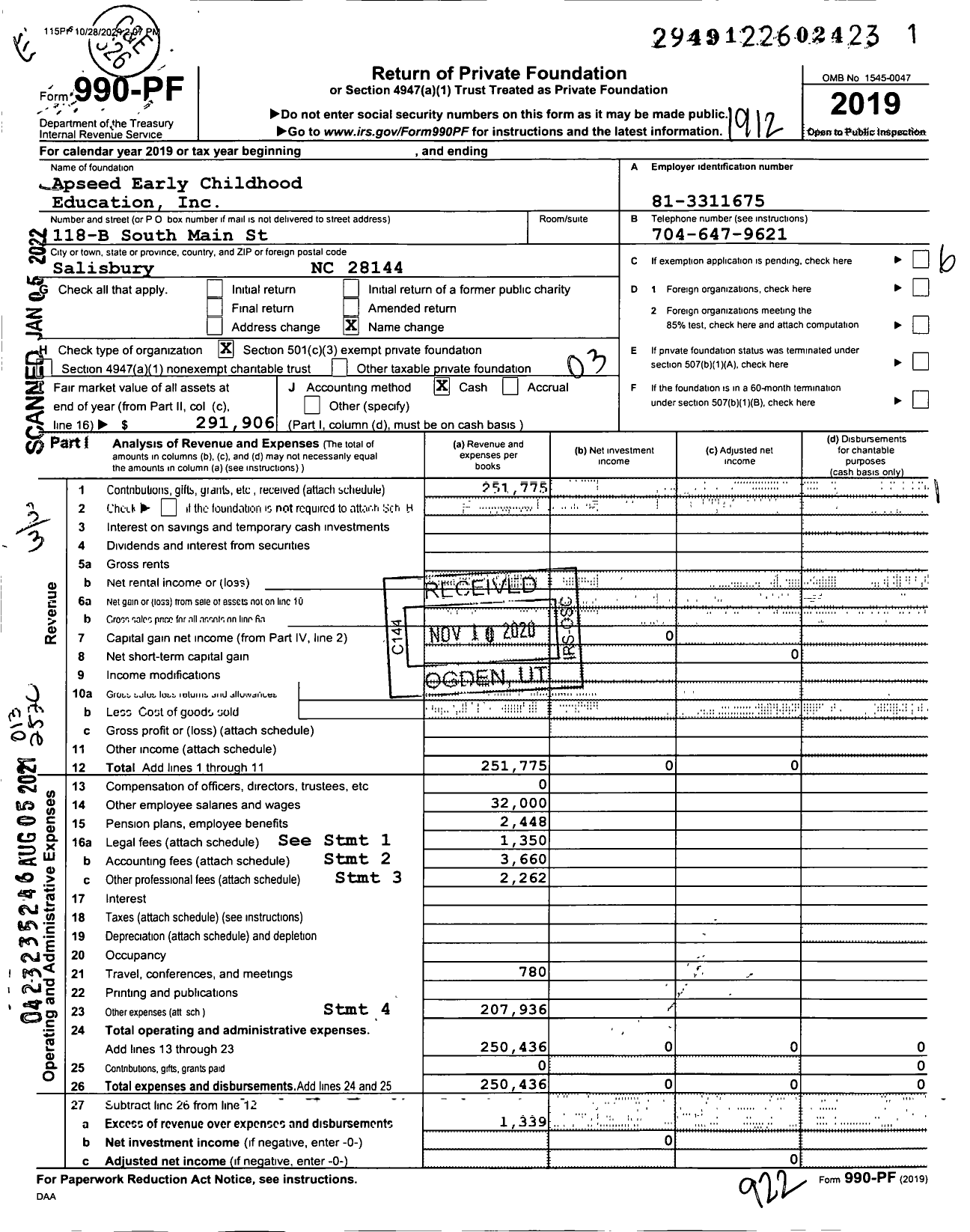 Image of first page of 2019 Form 990PF for Apseed Early Childhood Education